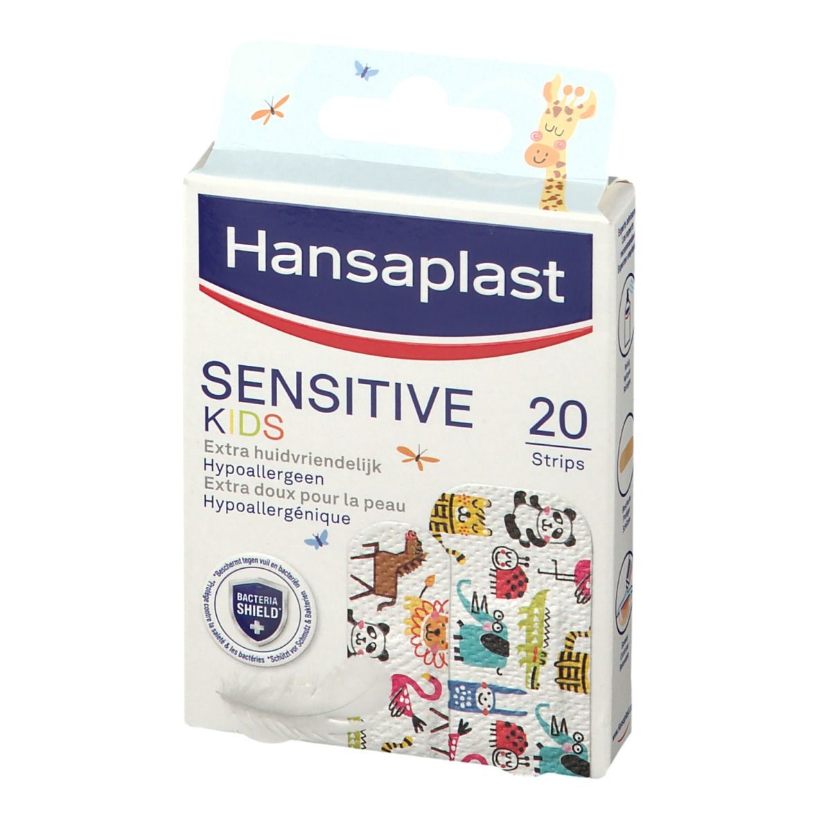 Verpakking Hansaplast Sensitive Kids. Bevat 20 pleisters met dierenprints. Extra huidvriendelijk en hypoallergeen.