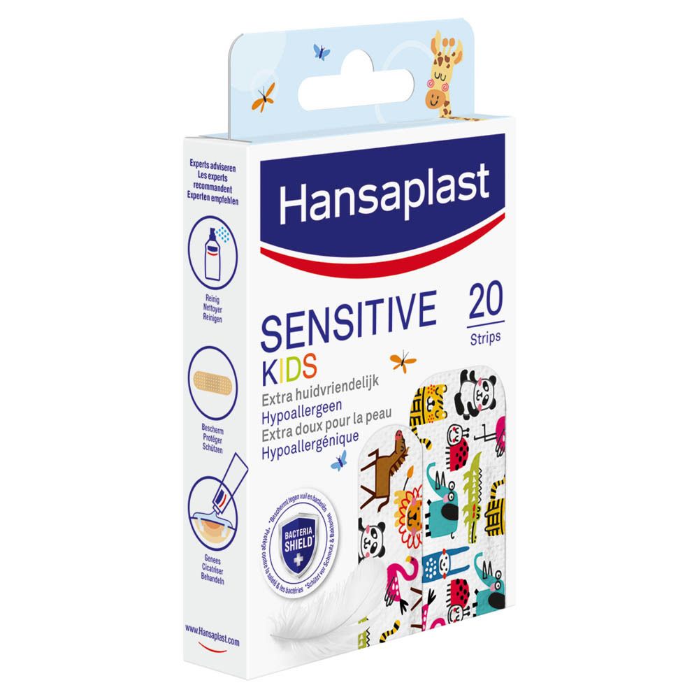 Verpakking Hansaplast Sensitive Kids. Bevat 20 pleisters met dierenprints. Extra huidvriendelijk en hypoallergeen.