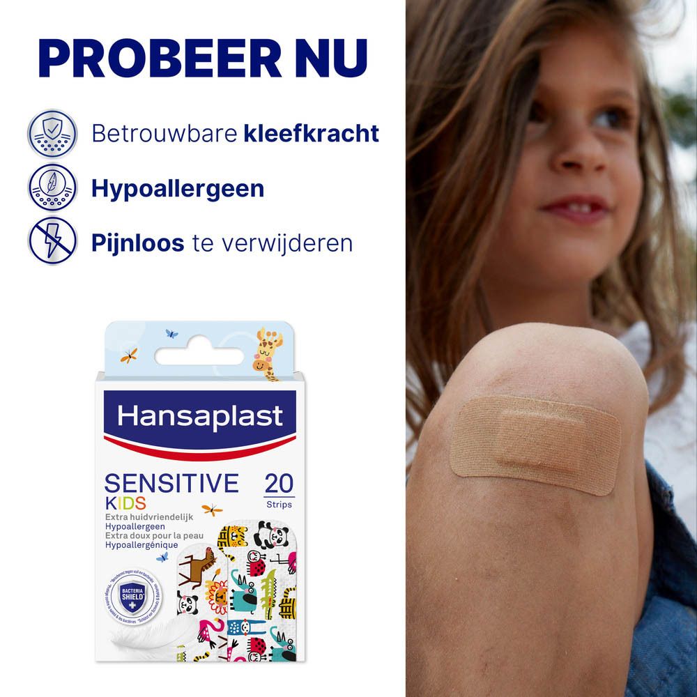 Verpakking Hansaplast Sensitive Kids. Bevat 20 pleisters met dierenprints. Extra huidvriendelijk en hypoallergeen.