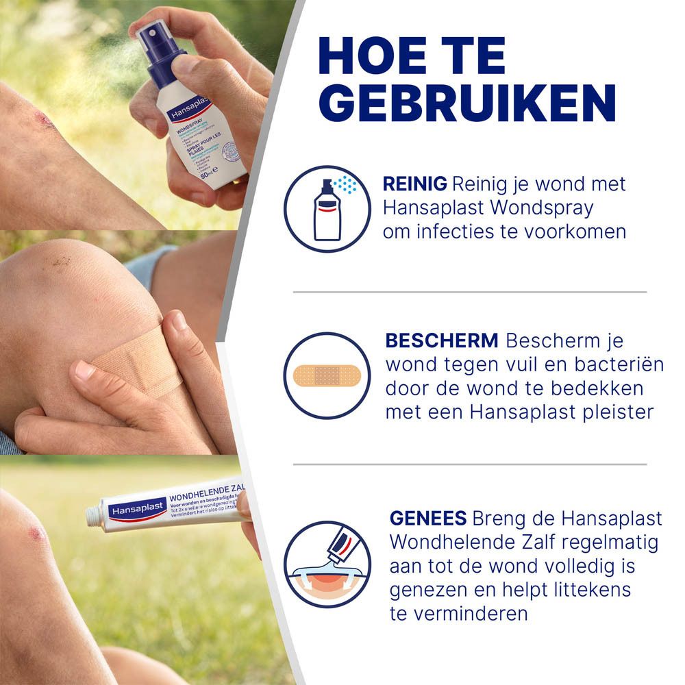 Gebruik van Hansaplast pleister. Kind met pleister op de knie. Verpakking op de achtergrond.