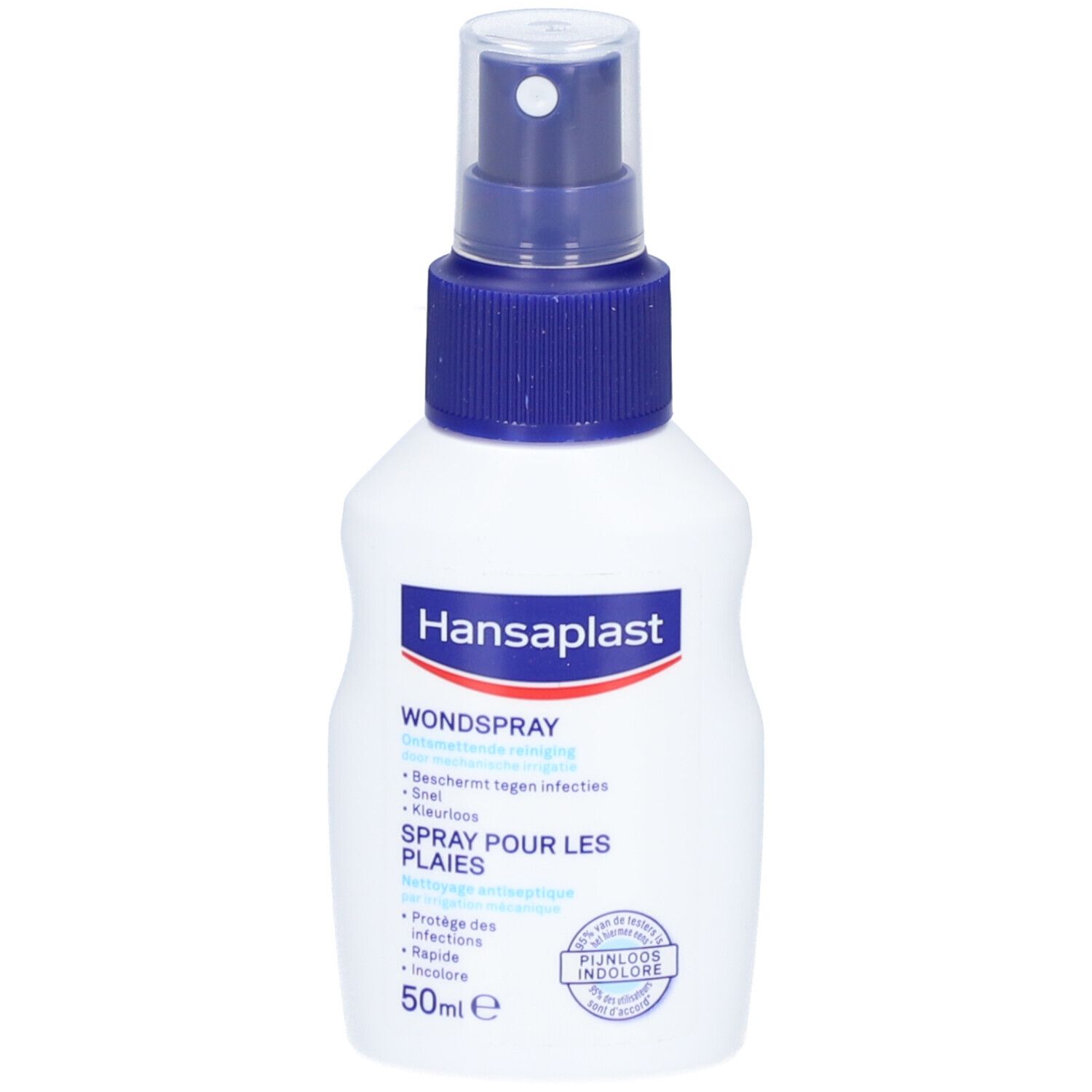 Flacon blanc avec vaporisateur bleu. Inscription: Hansaplast Spray pour les plaies, 50ml.
