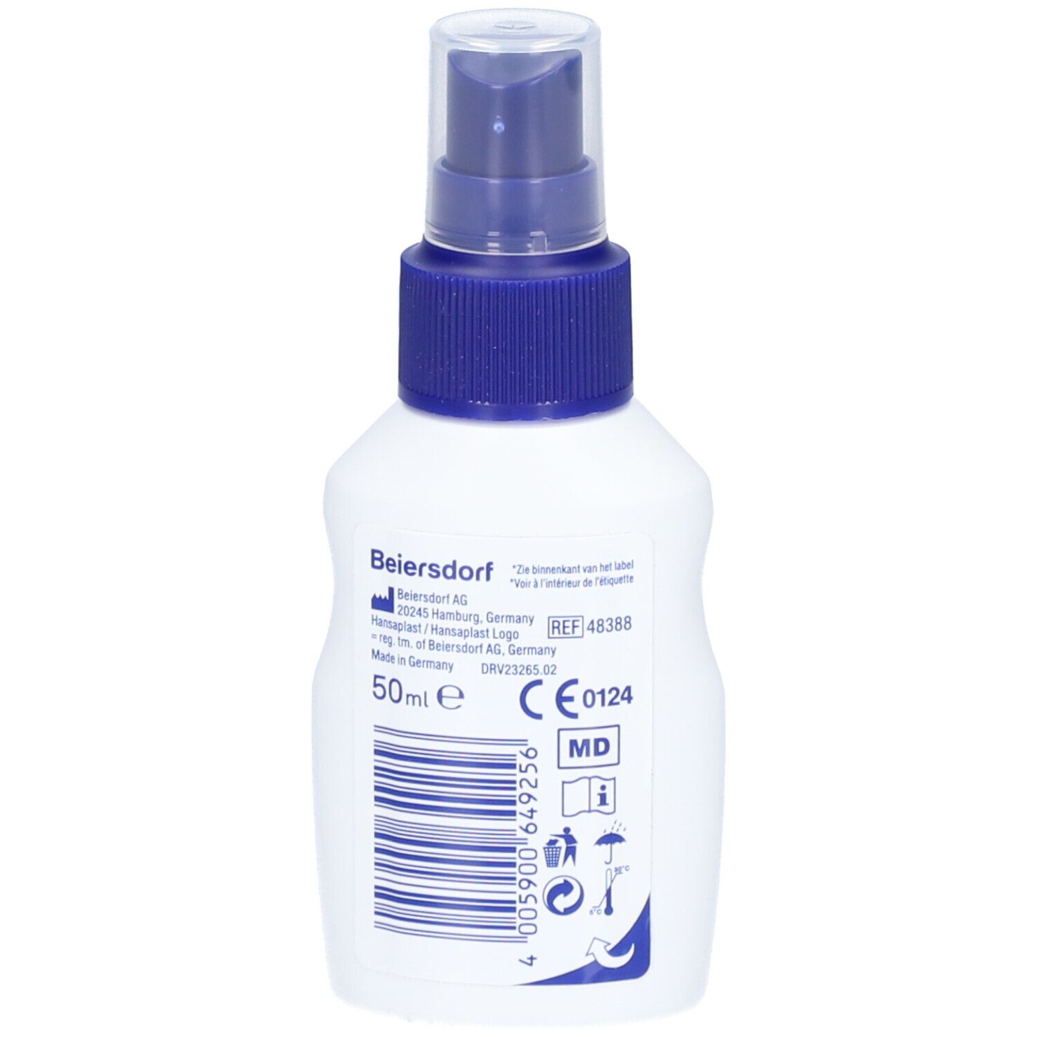 Dos du flacon blanc. Inscription: Beiersdorf, 50ml, marquage CE.
