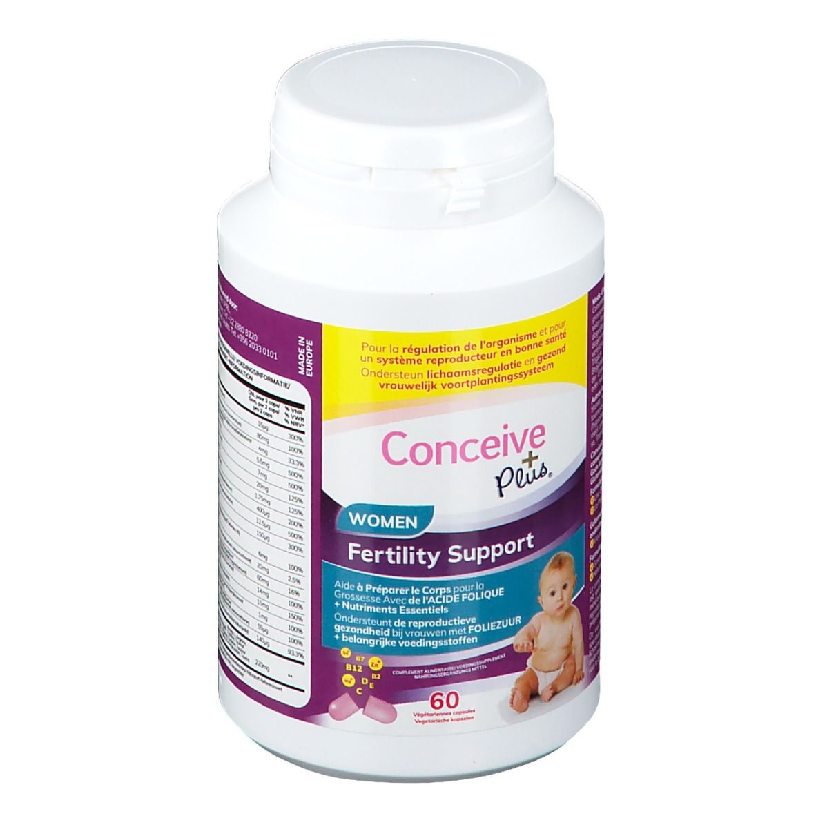 Witte fles met paars etiket. Opschrift: Conceive Plus, Women, Fertility Support. Bevat 60 capsules.
