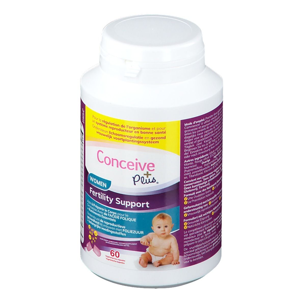 Witte fles met paars etiket. Opschrift: Conceive Plus, Women, Fertility Support. Bevat 60 capsules.