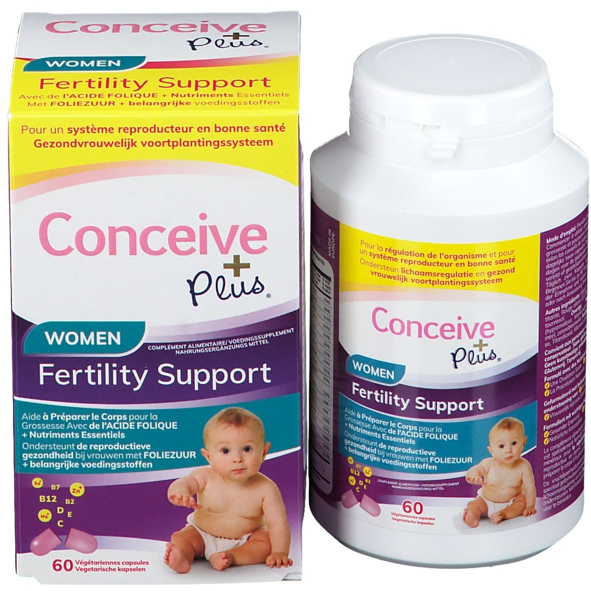 Productverpakking: fles en doos. Opschrift: Conceive Plus, Women, Fertility Support. Bevat 60 capsules.