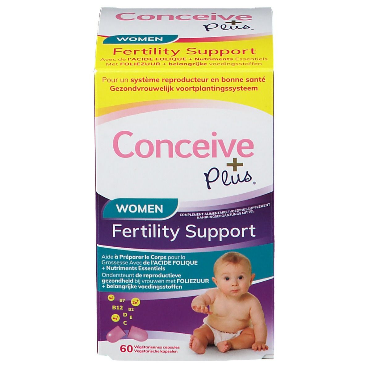 Productverpakking: doos. Opschrift: Conceive Plus, Women, Fertility Support. Bevat 60 capsules.