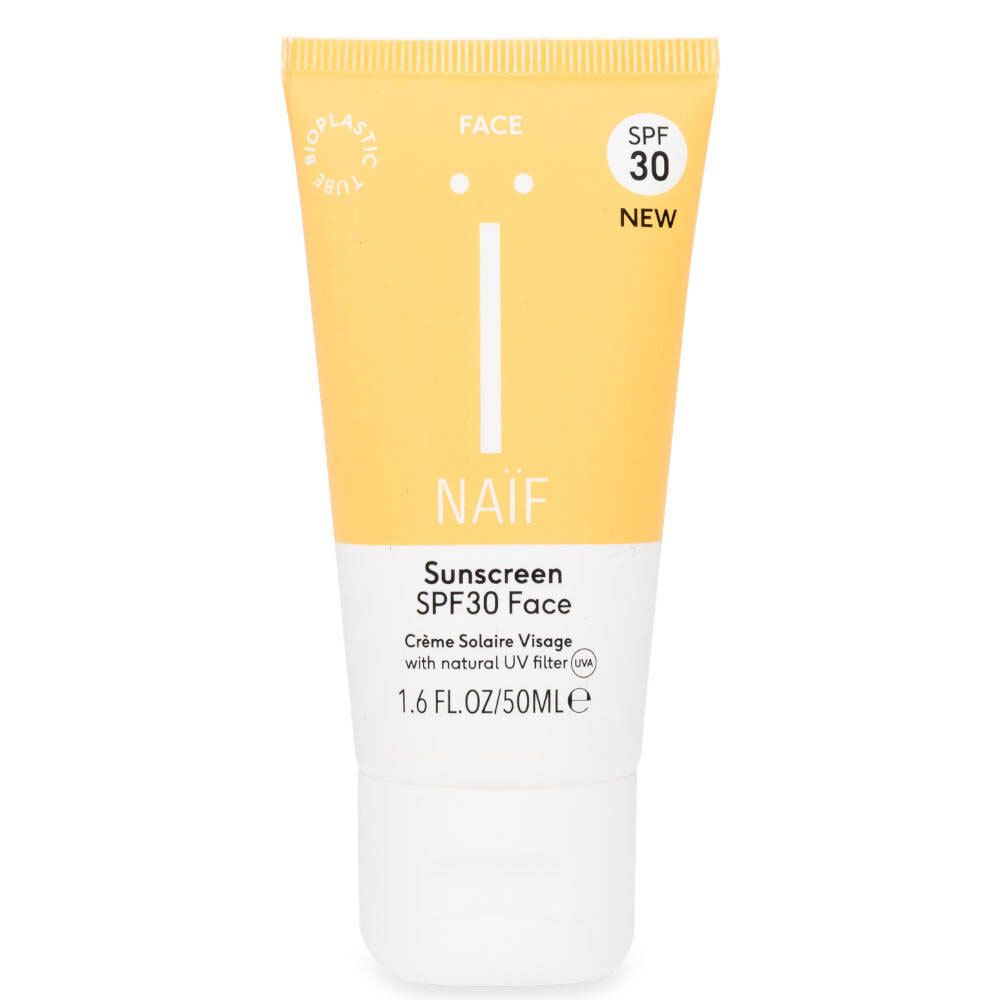 Gelbe Tube mit weißem Deckel. Aufschrift: NAÏF, Sunscreen SPF30 Face. Mit UV-Filter. SPF30-Logo.