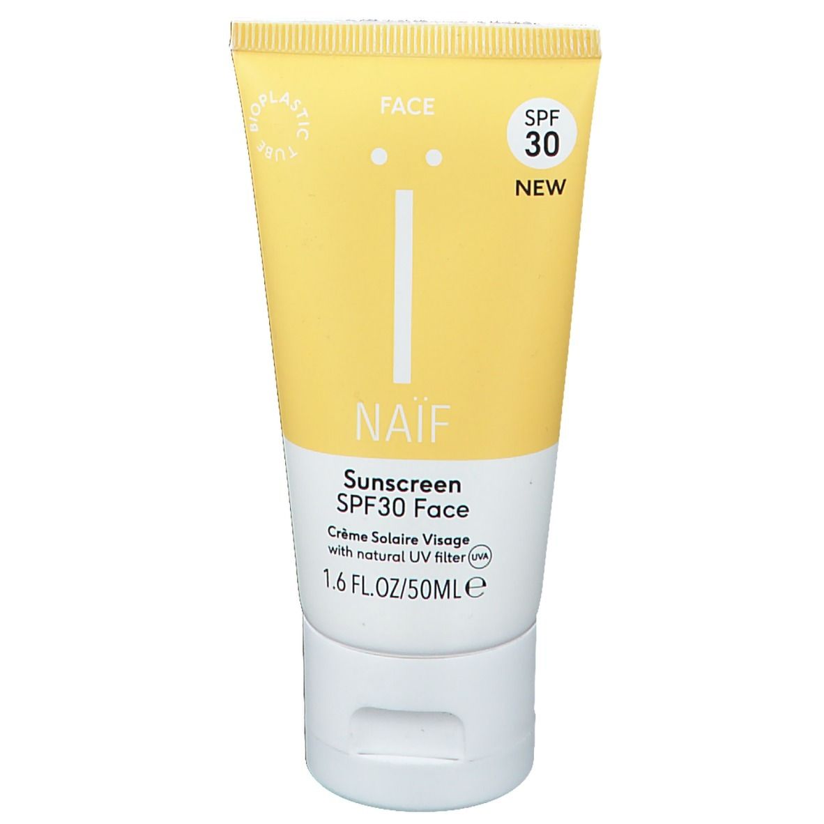 Gelbe Tube mit weißem Deckel. Aufschrift: NAÏF, Sunscreen SPF30 Face. Mit UV-Filter. SPF30-Logo.