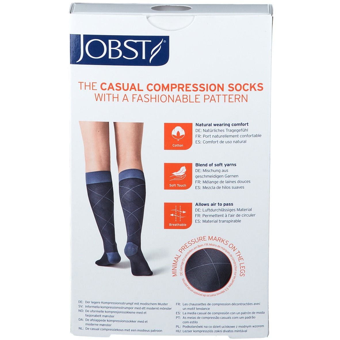 Emballage de bas de compression bleus à motifs losanges. Marque JOBST. Texte : « Casual Compression Socks avec un motif à la mode ».