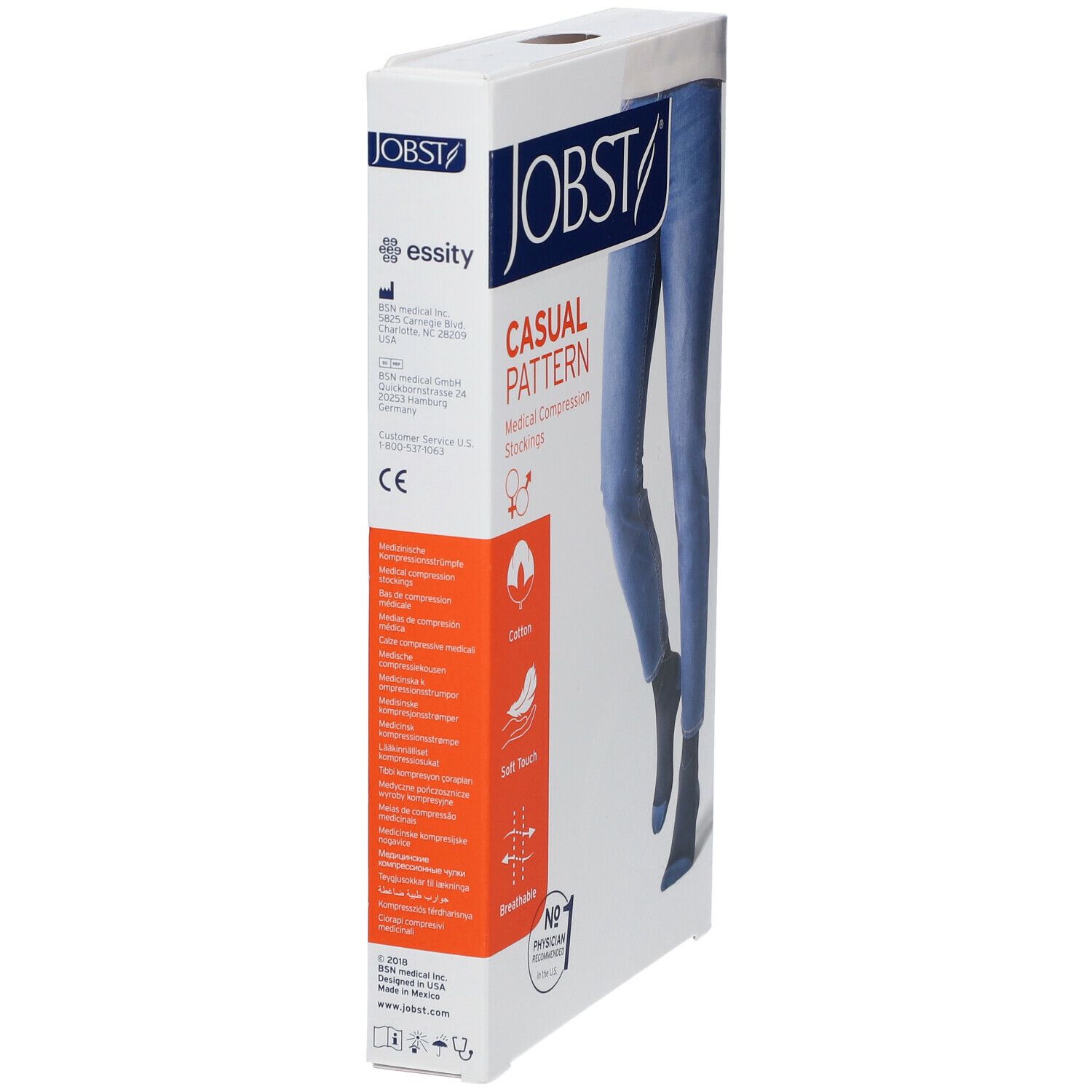 Boîte de JOBST® Casual Pattern Chaussettes. Bas de compression bleus, illustration d'une personne. Texte: Casual Pattern, bas de compression médicale.