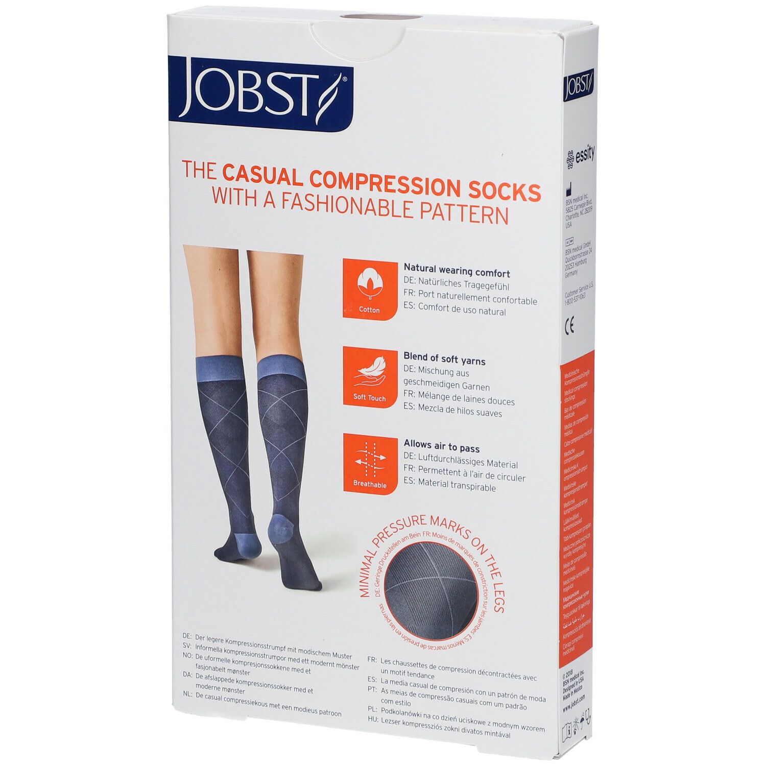 Dos de la boîte de JOBST® Casual Pattern Chaussettes. Bas de compression bleus à motifs. Texte: Casual Compression Socks, fashionable Pattern.