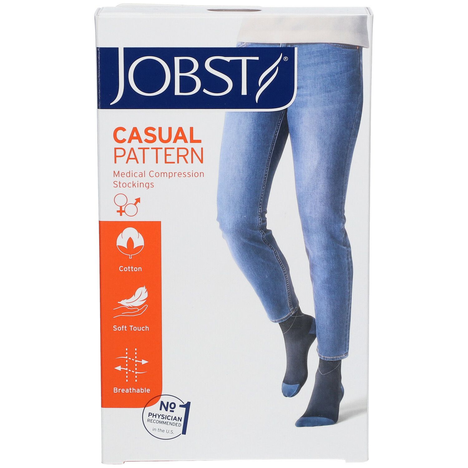 Boîte de JOBST® Casual Pattern Chaussettes. Bas de compression bleus, illustration d'une personne. Texte: Casual Pattern, bas de compression médicale.