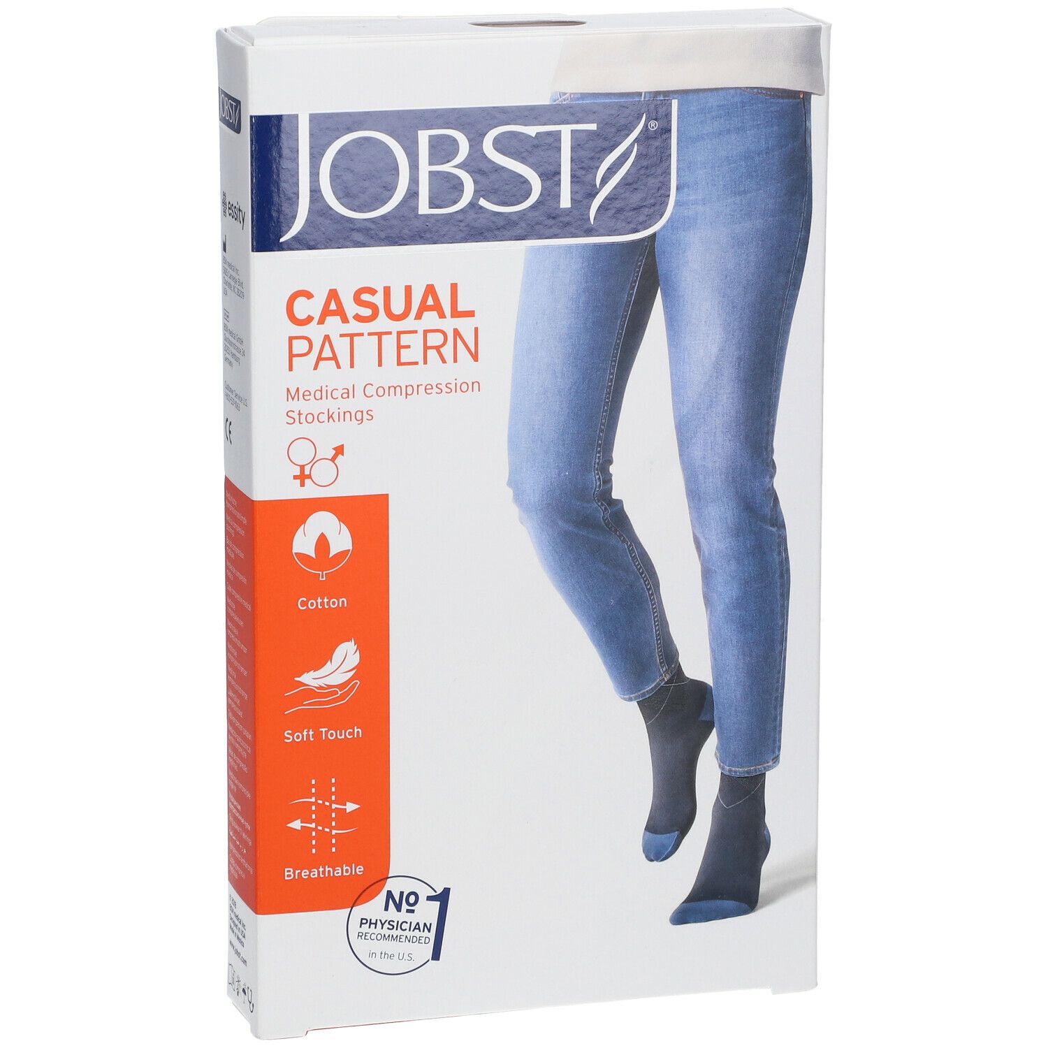 Boîte de JOBST® Casual Pattern Chaussettes. Bas de compression bleus, illustration d'une personne. Texte: Casual Pattern, bas de compression médicale.