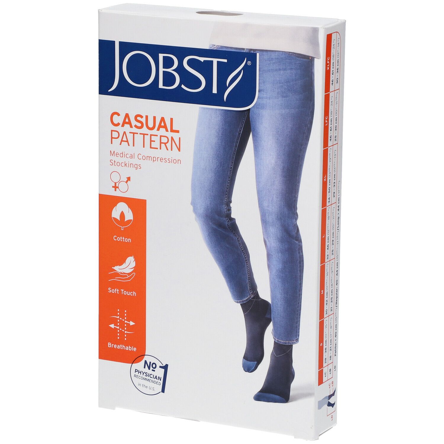 Boîte de bas de compression bleus. Inscription : JOBST, Casual Pattern, bas de compression médicale. Coton, doux, respirant.