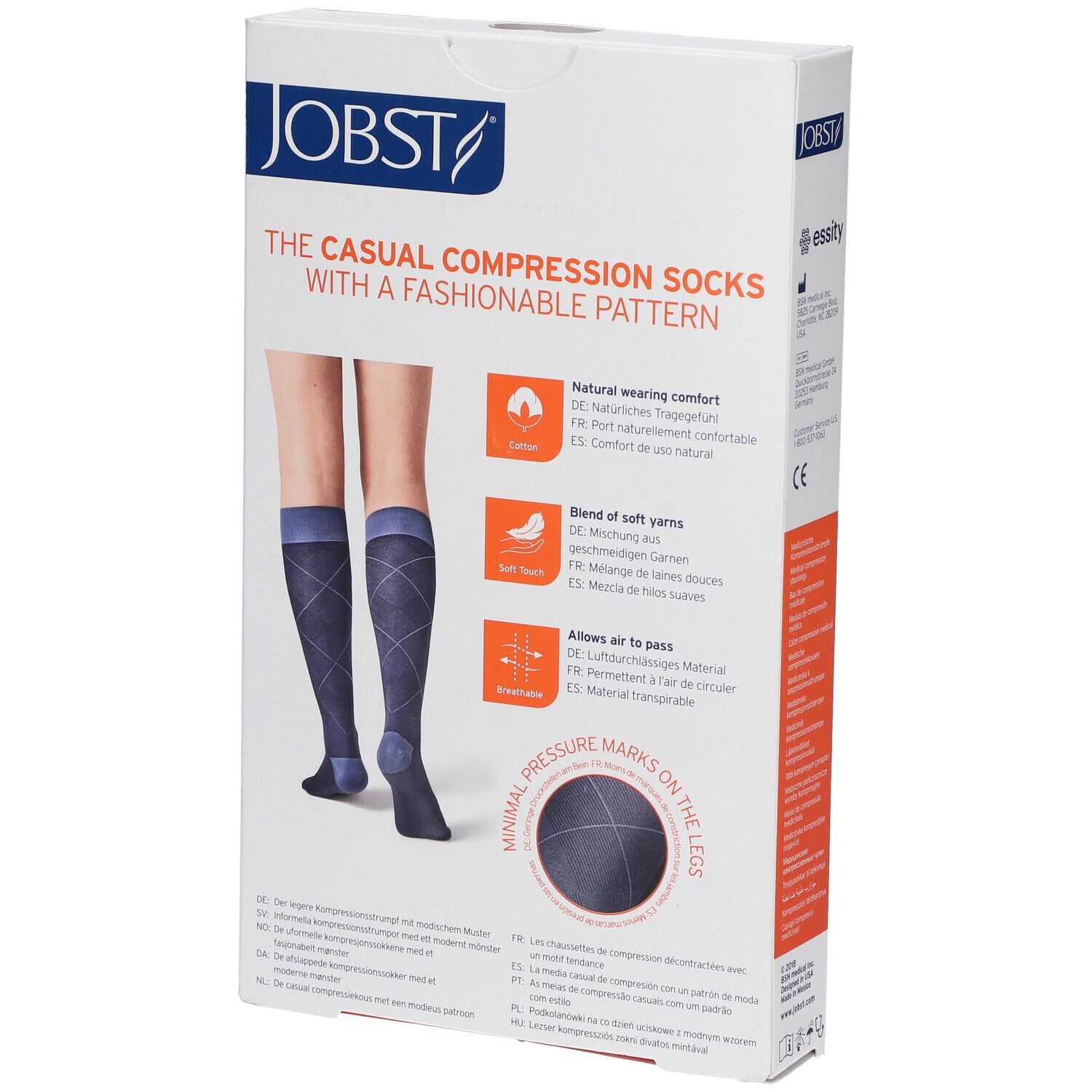 Boîte de bas de compression bleus. Inscription : JOBST, Casual Compression Socks, motif. Coton, doux, respirant.