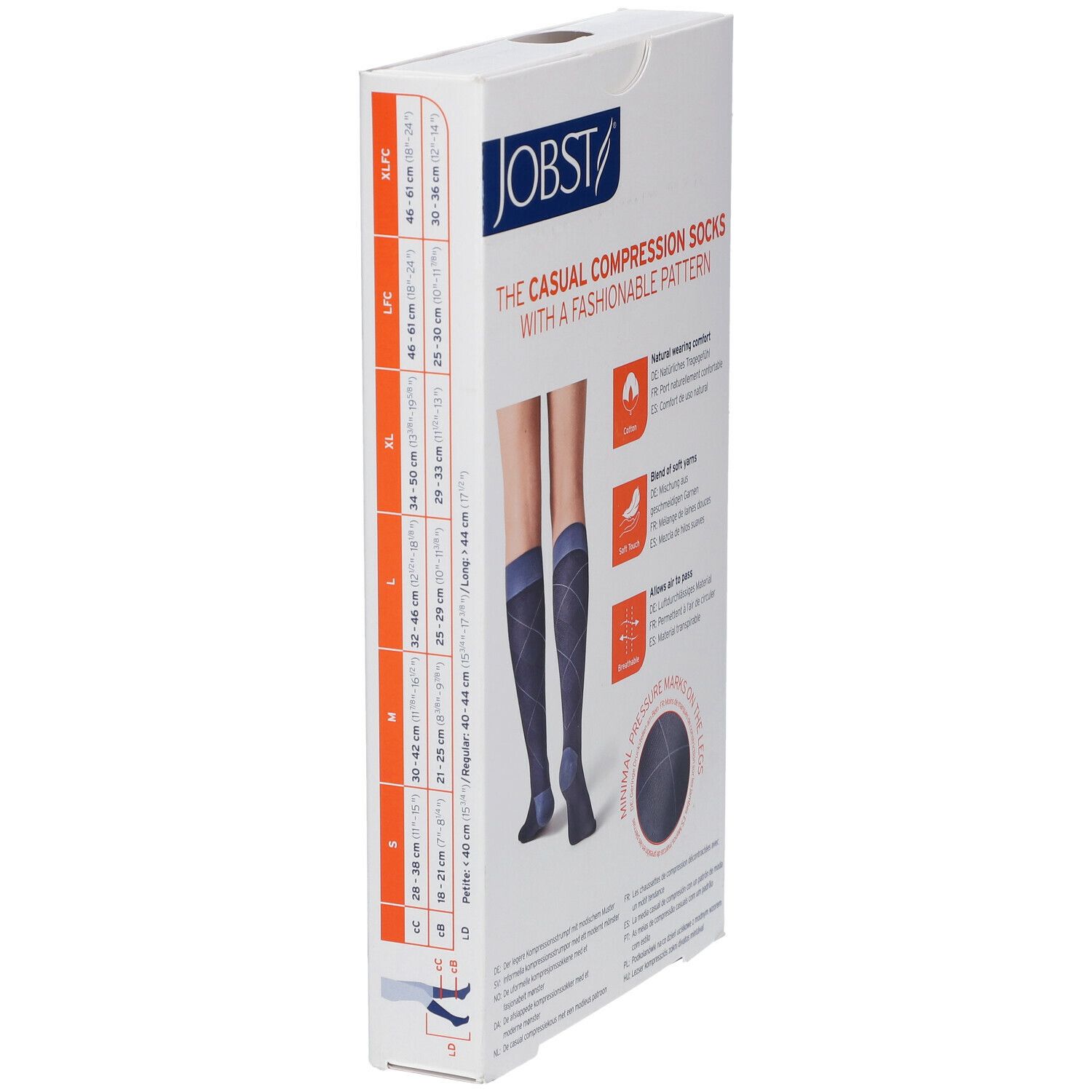 Boîte de bas de compression bleus. Inscription : JOBST, Casual Compression Socks, motif. Tableau des tailles.