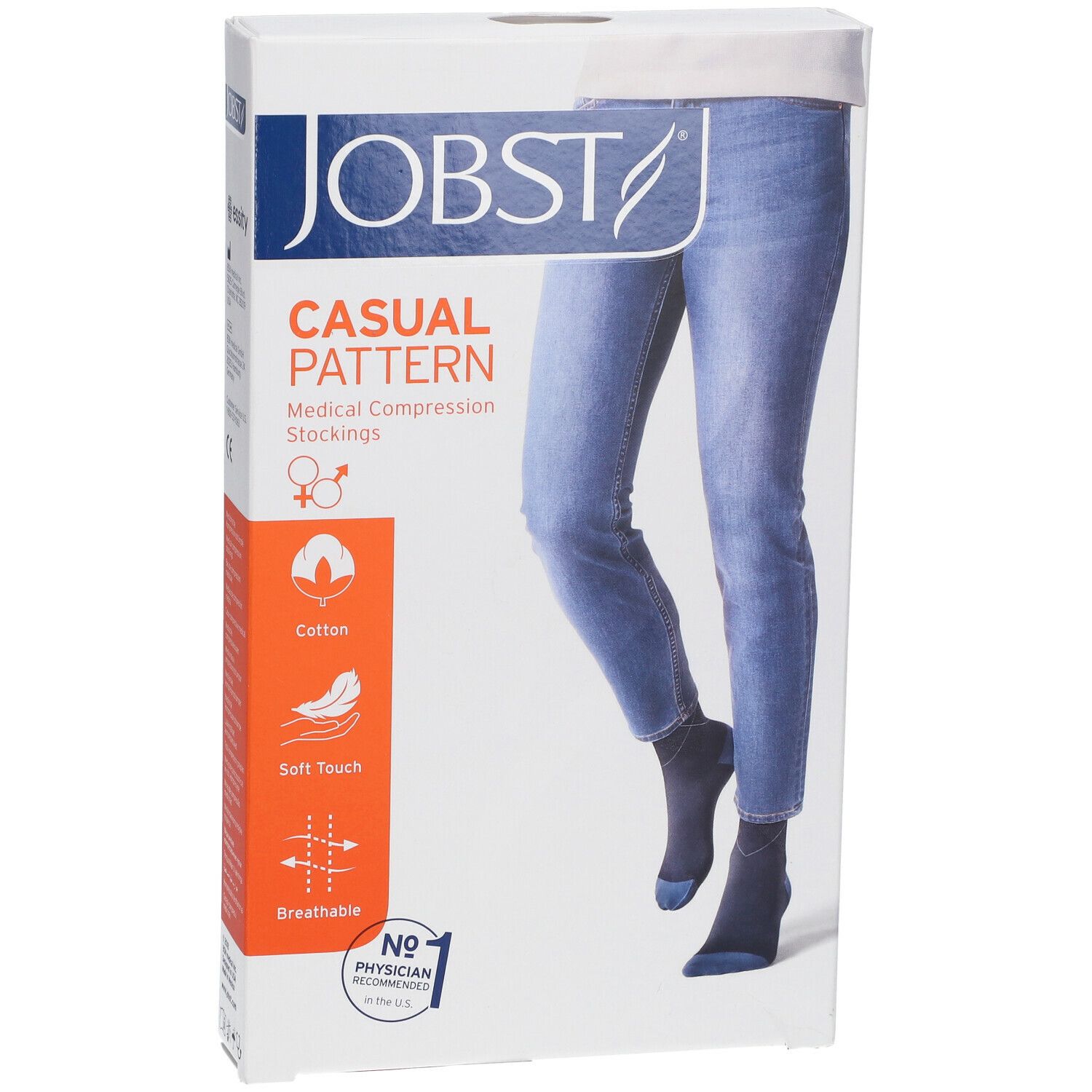 Boîte de bas de compression bleus. Inscription : JOBST, Casual Pattern, bas de compression médicale. Coton, doux, respirant.