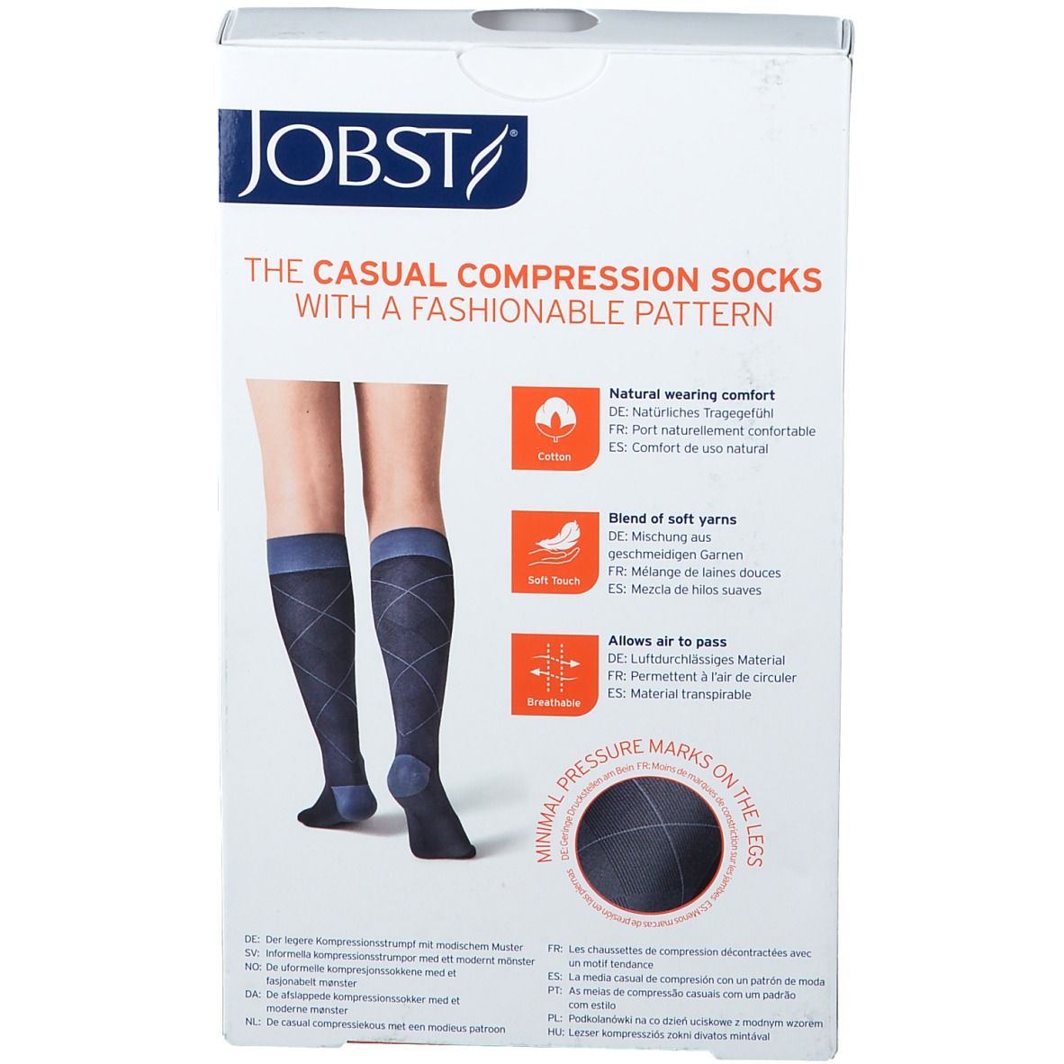 Rückseite der Verpackung mit JOBST Casual Pattern Kompressionsstrümpfen. Merkmale: Baumwolle, weicher Griff, atmungsaktiv.