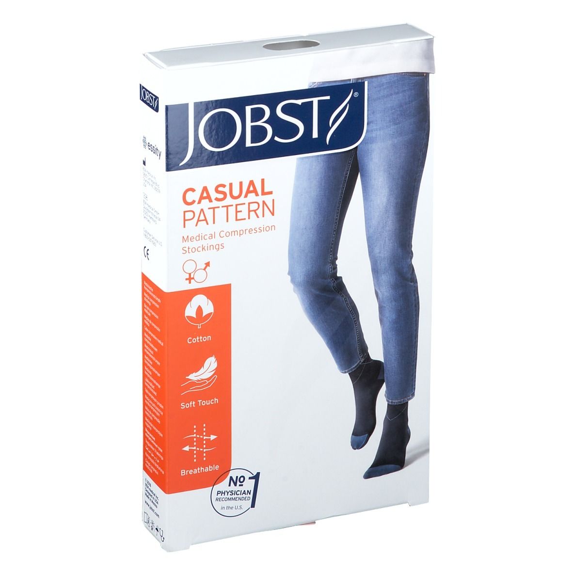 Verpakking JOBST Casual Pattern. Been in jeans en kousen. Katoen, zacht, ademend. CE-markering.