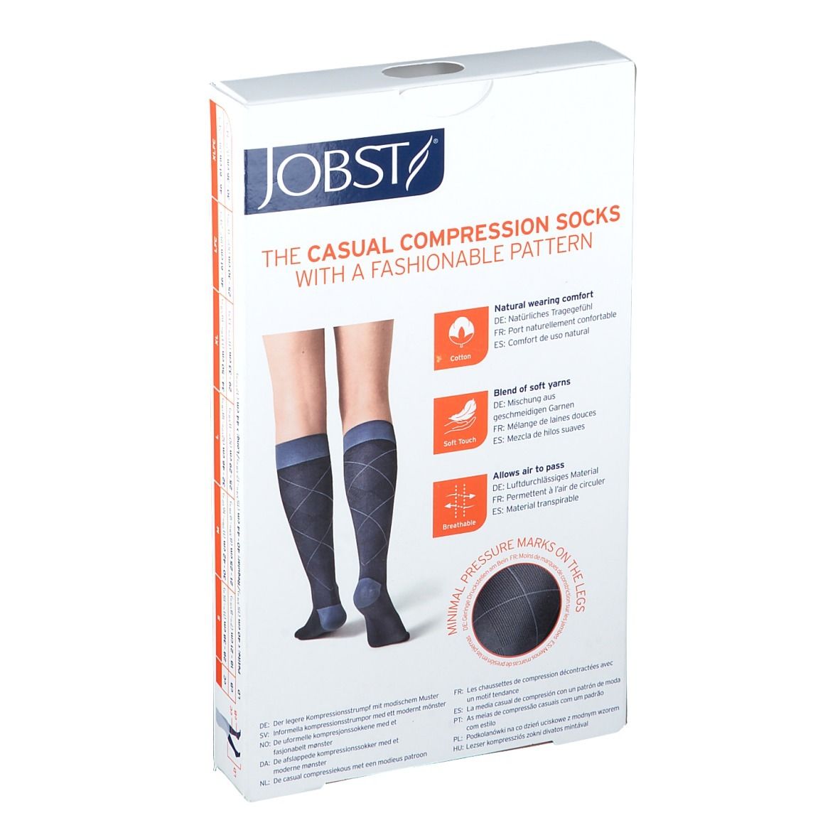 Verpakking JOBST Casual Pattern sokken. Achterkant met sokkenpatroon. Katoen, zacht, ademend. Minimale druk op de benen.