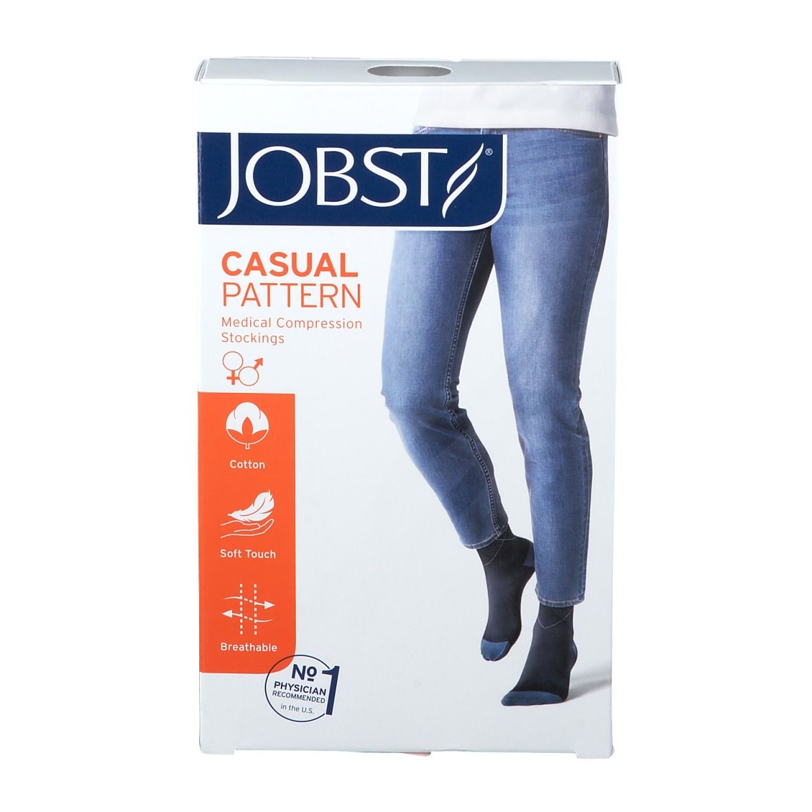 Verpakking JOBST Casual Pattern. Been in jeans en kousen. Katoen, zacht, ademend. CE-markering.