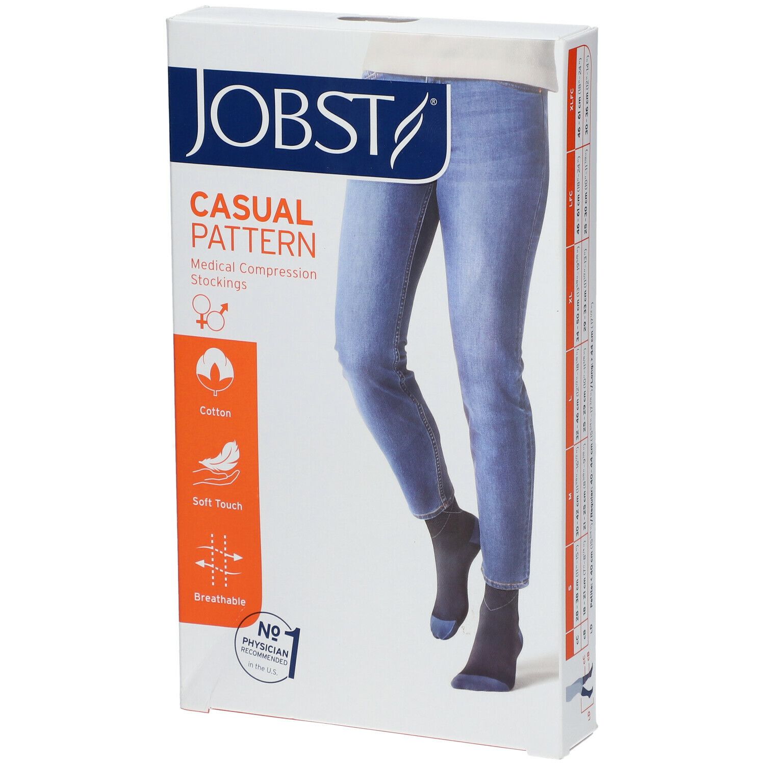 Boîte de bas de compression JOBST Casual Pattern. Visuel d'une personne portant les bas. Coton, doux au toucher, respirant. Recommandé par les médecins.