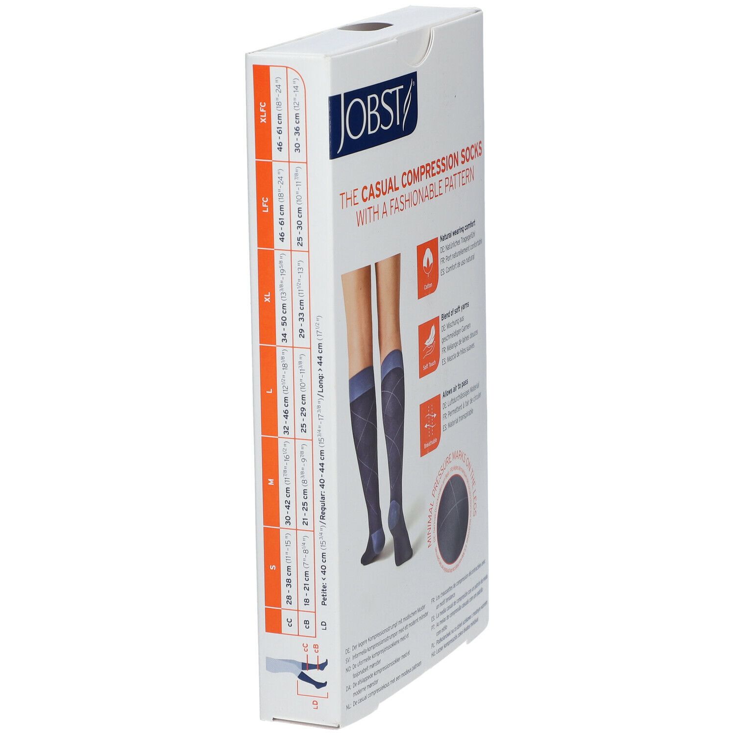 Boîte de bas de compression JOBST. Indications de tailles et illustration des bas. Texte: Casual Compression Socks with a fashionable pattern.