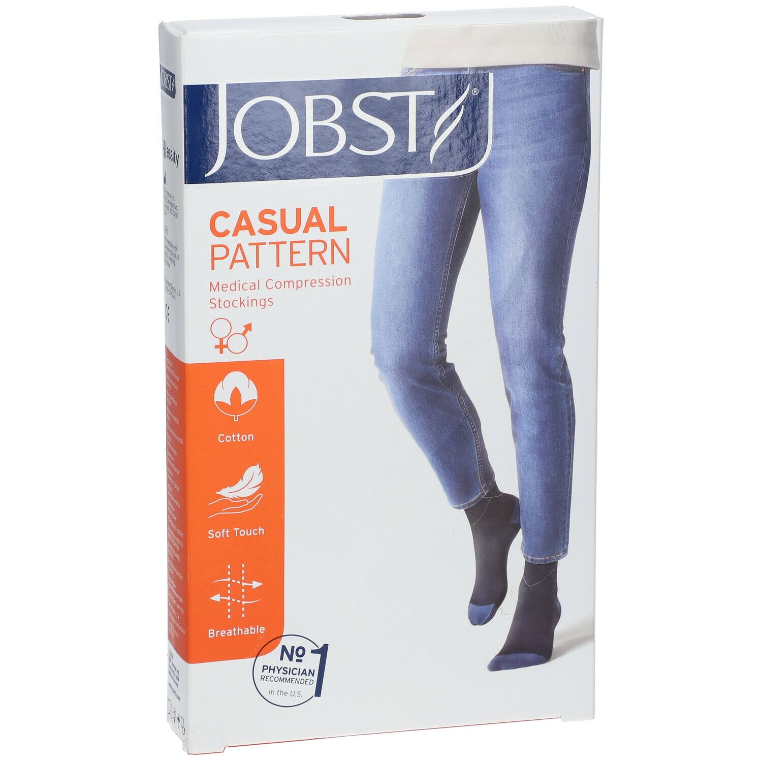 Boîte de bas de compression JOBST Casual Pattern. Visuel d'une personne portant les bas. Coton, doux au toucher, respirant. Recommandé par les médecins.
