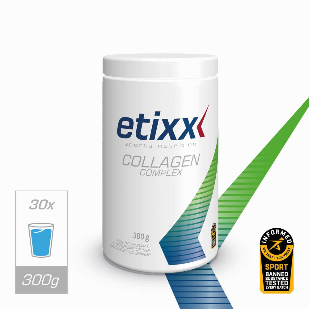 Pot blanc avec logo « etixx » et « COLLAGEN COMPLEX ». 300g. Graphique vert-bleu. Sceau.