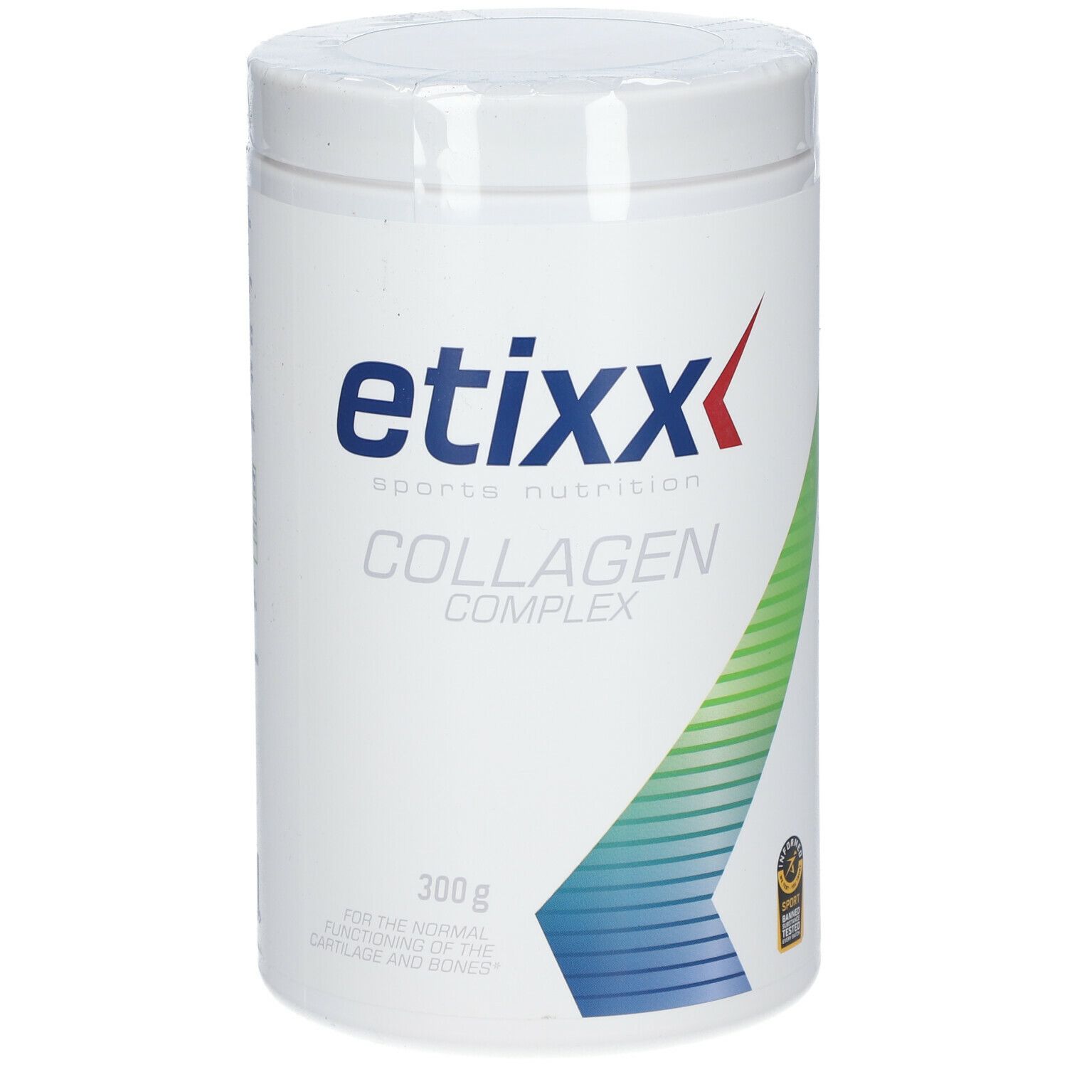 Pot blanc avec logo « etixx » et « COLLAGEN COMPLEX ». 300g. Graphique vert-bleu. Sceau.
