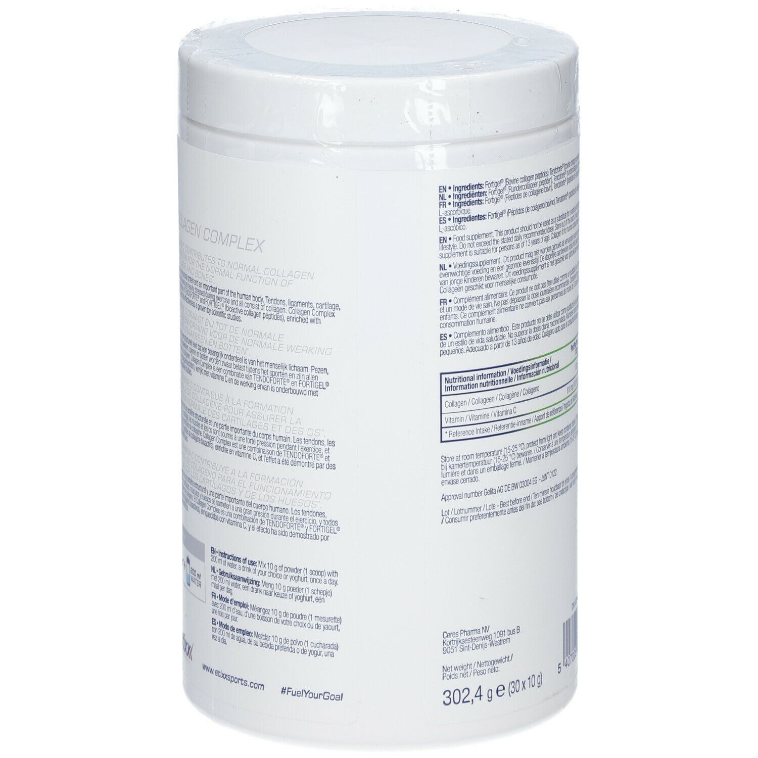Dos du pot blanc. Texte multilingue. Informations nutritionnelles. Code-barres.