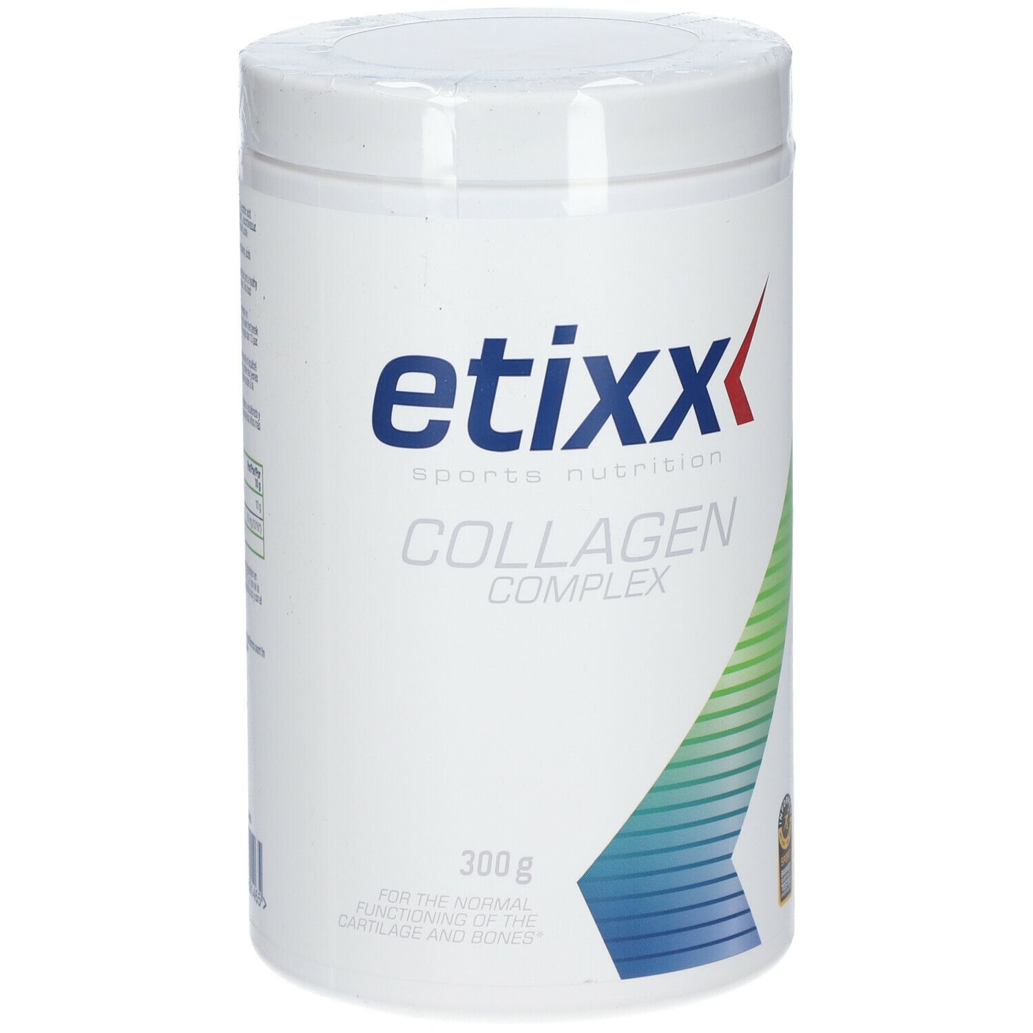 Pot blanc avec logo « etixx » et « COLLAGEN COMPLEX ». 300g. Graphique vert-bleu.