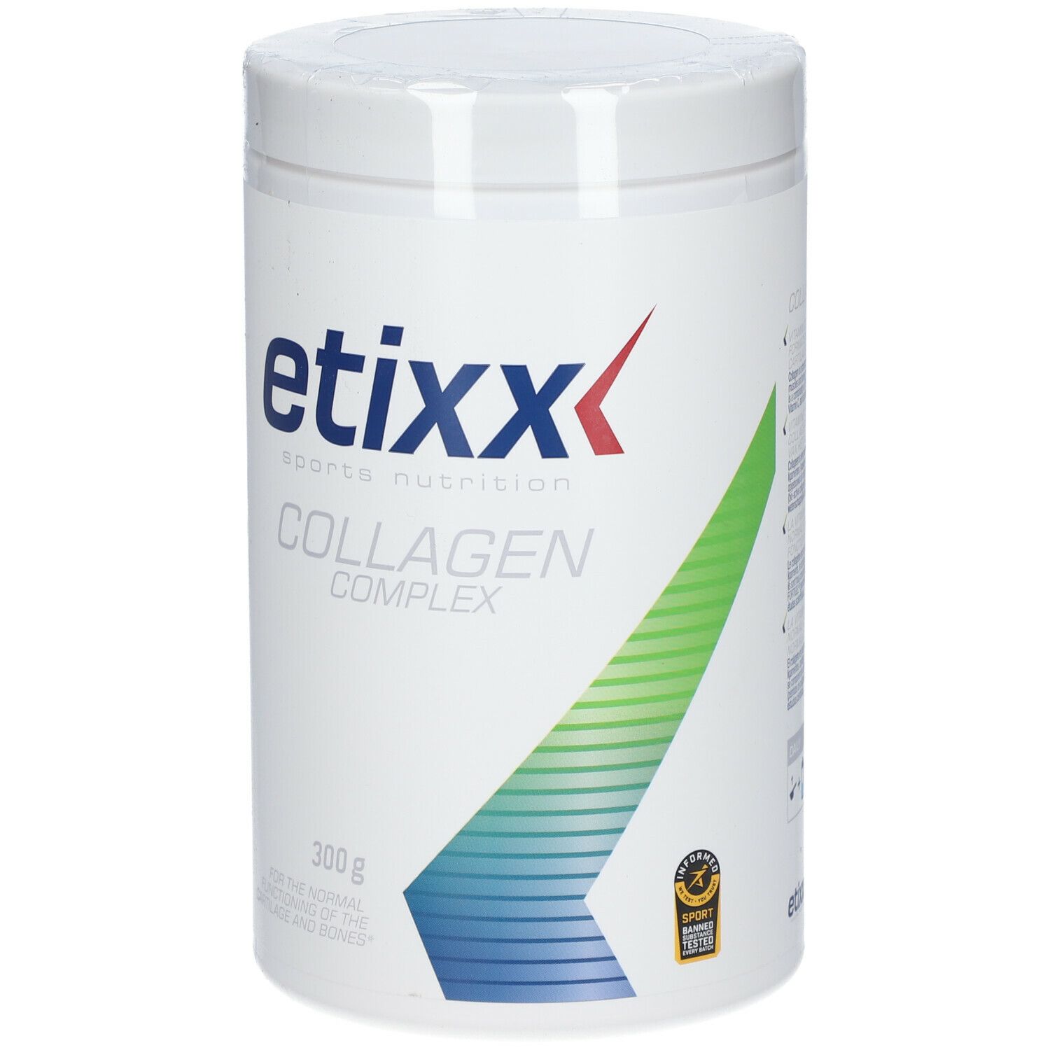 Pot blanc avec logo « etixx » et « COLLAGEN COMPLEX ». 300g. Graphique vert-bleu. Sceau.
