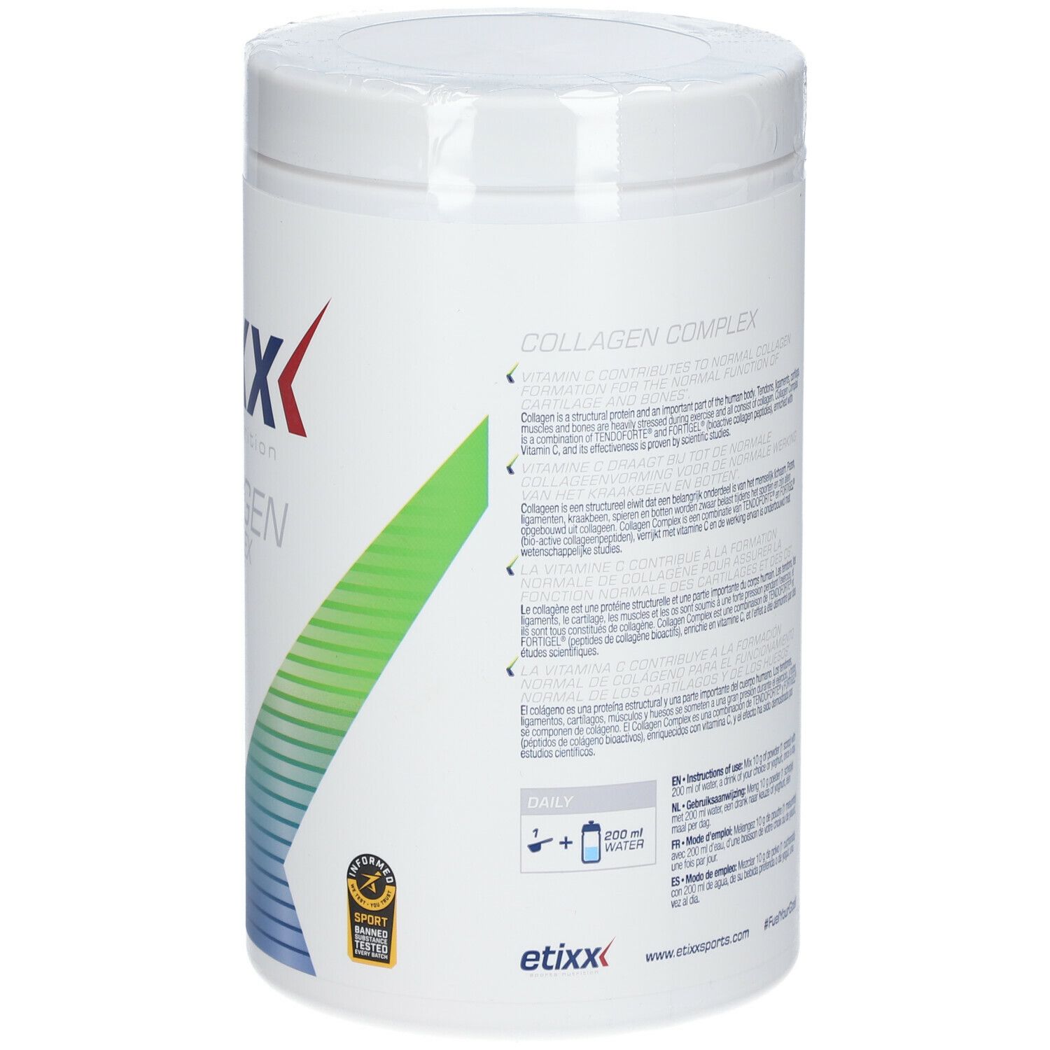Pot blanc avec logo « etixx » et « COLLAGEN COMPLEX ». 300g. Graphique vert-bleu. Sceau.
