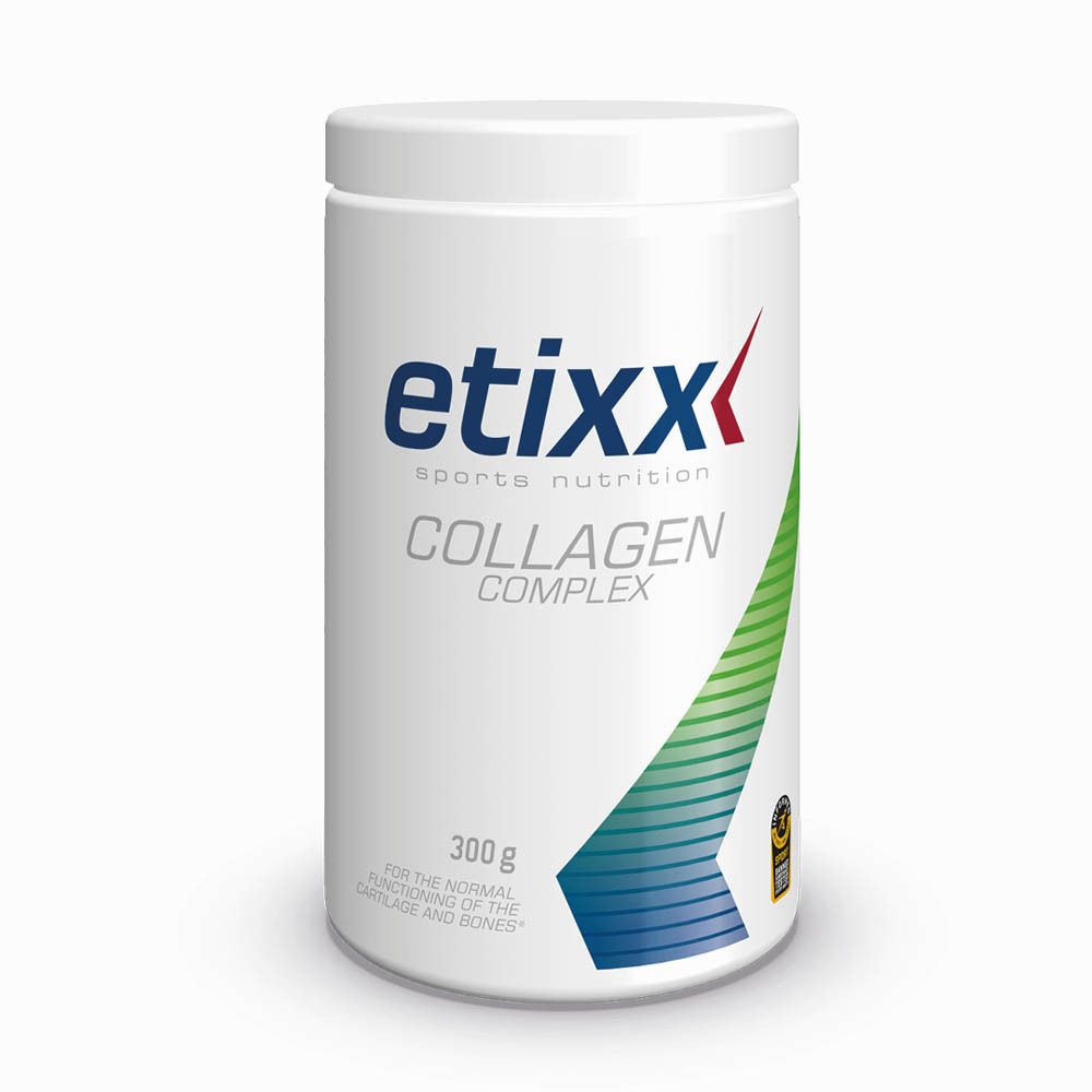 Pot blanc avec logo « etixx » et « COLLAGEN COMPLEX ». 300g. Graphique vert-bleu. Sceau.