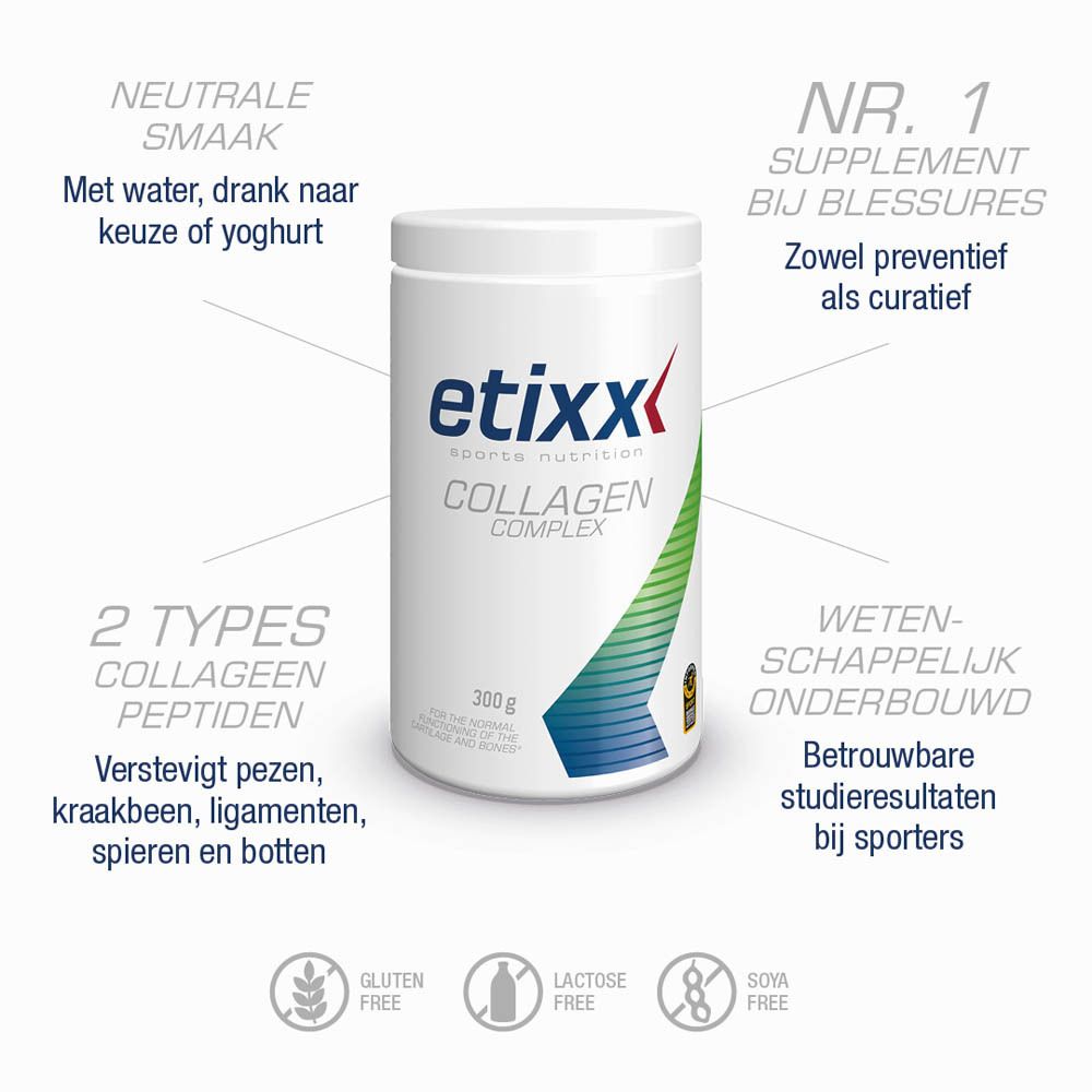 Witte pot met « etixx » en « COLLAGEN COMPLEX » logo. 300g. Groen-blauwe grafiek. Zegel.