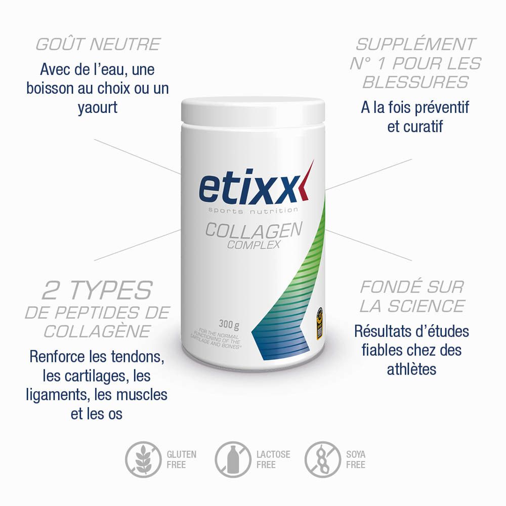 Pot blanc avec logo « etixx » et « COLLAGEN COMPLEX ». 300g. Graphique vert-bleu. Sceau.