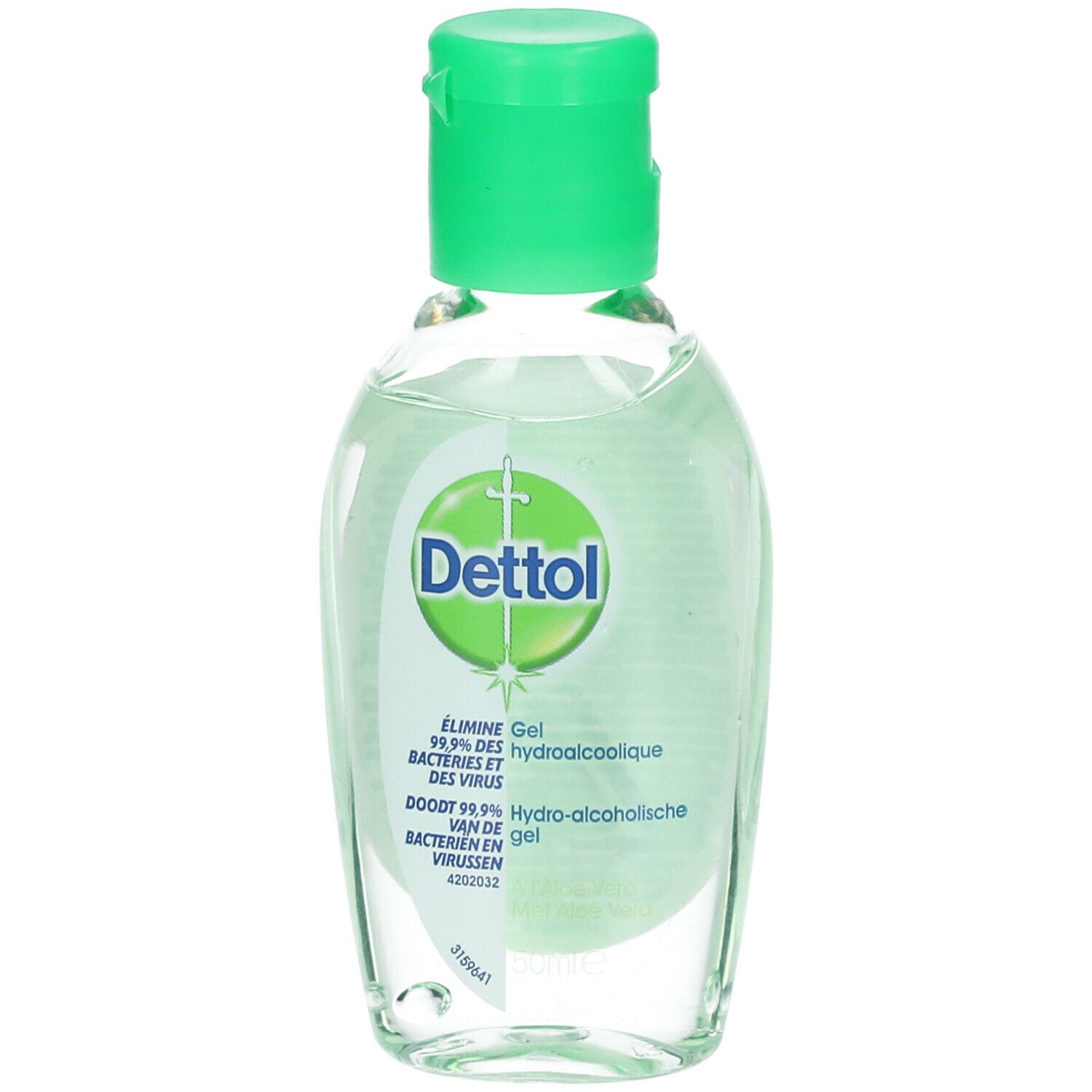 Transparante fles met groene dop. Opschrift Dettol. Verwijdert 99,9% van bacteriën en virussen.