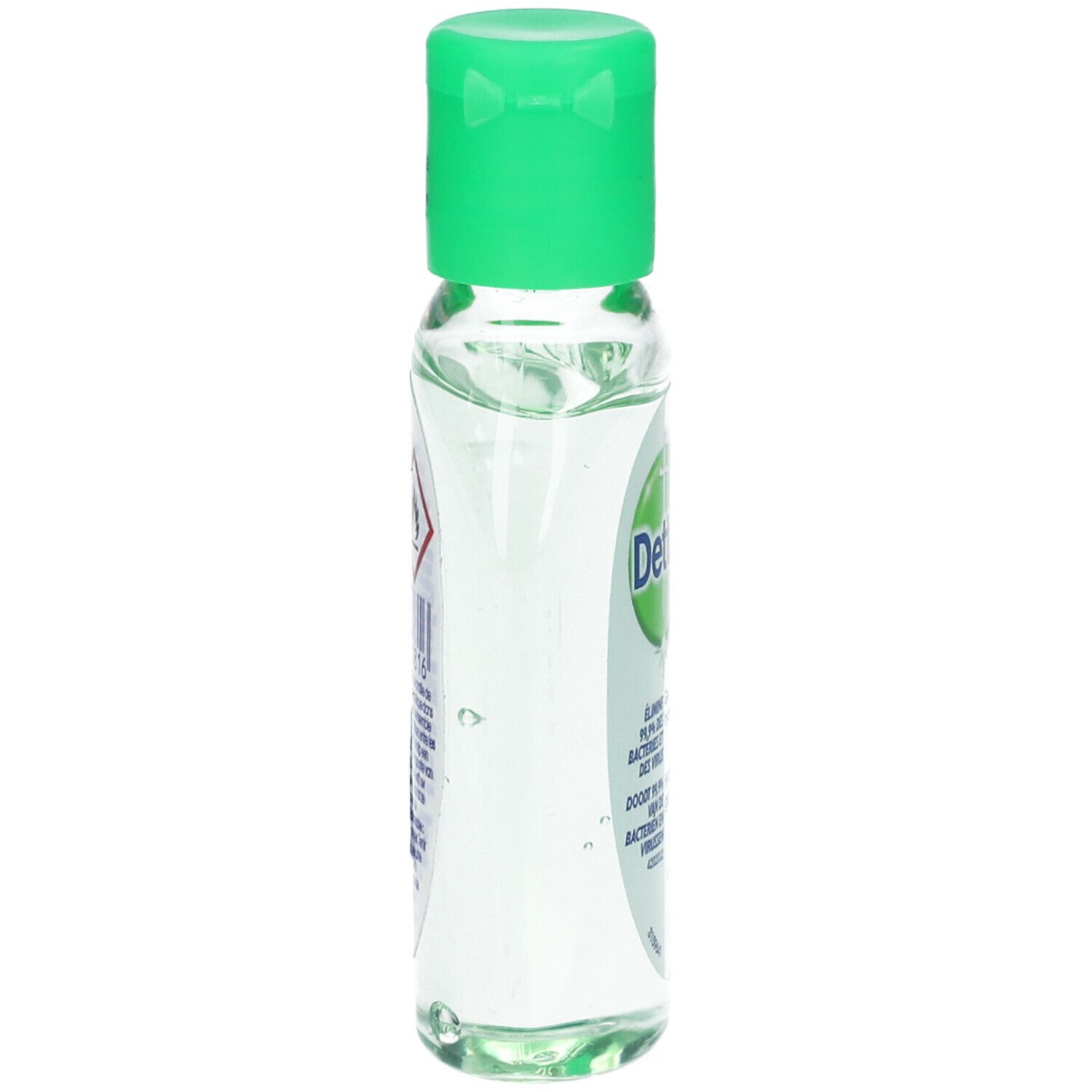 Transparante fles met groene dop. Etiket met informatie en waarschuwingen aan de zijkant.
