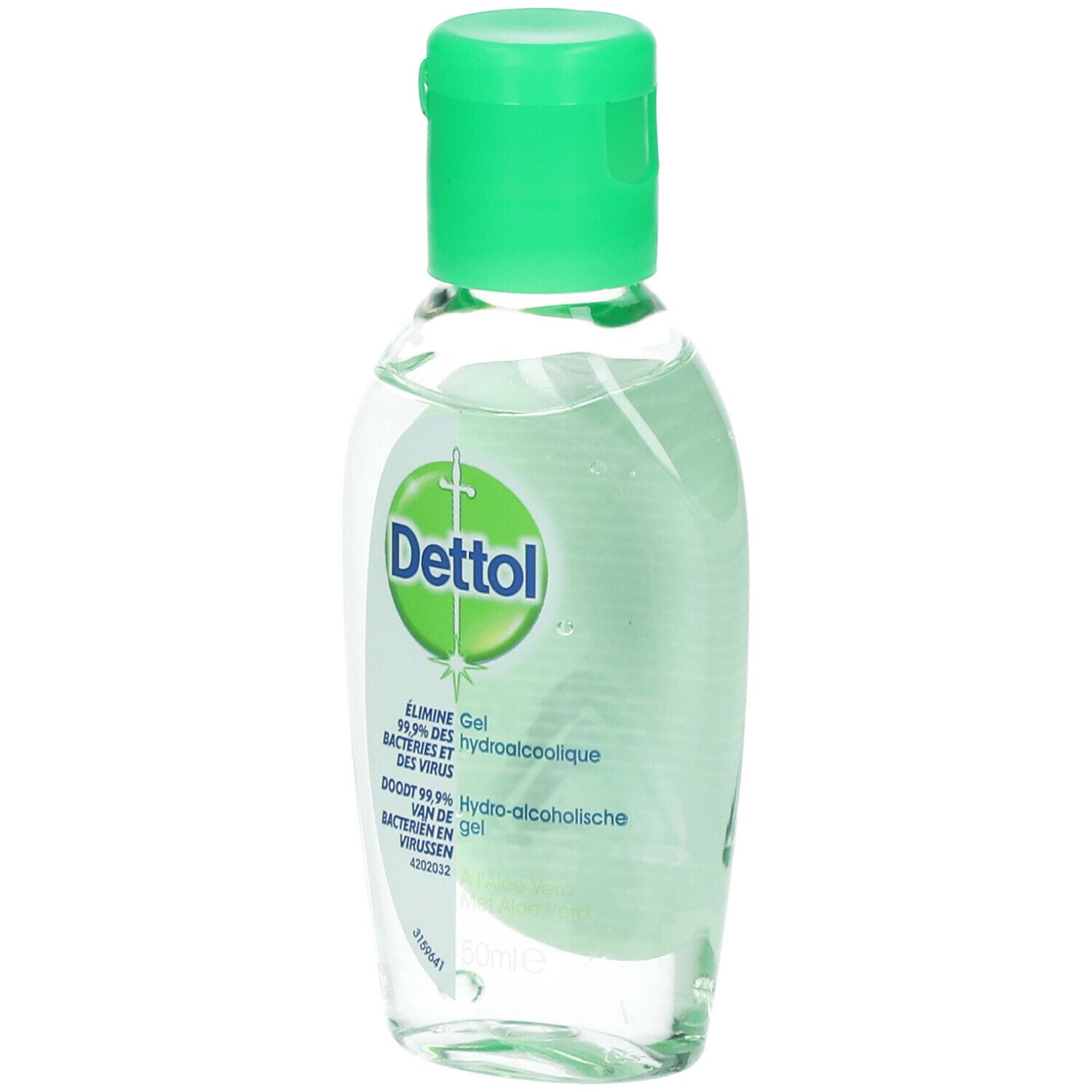 Transparante fles met groene dop. Opschrift Dettol. Verwijdert 99,9% van bacteriën en virussen.