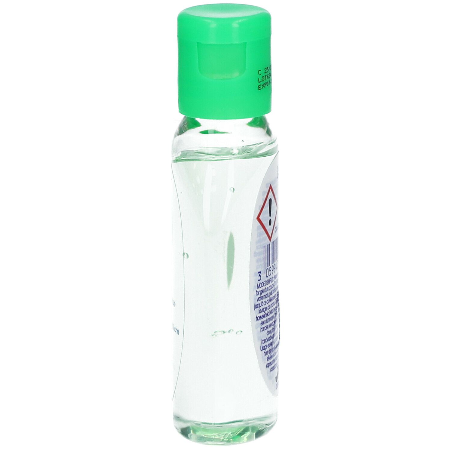 Transparante fles met groene dop. Etiket met informatie en waarschuwingen aan de zijkant.