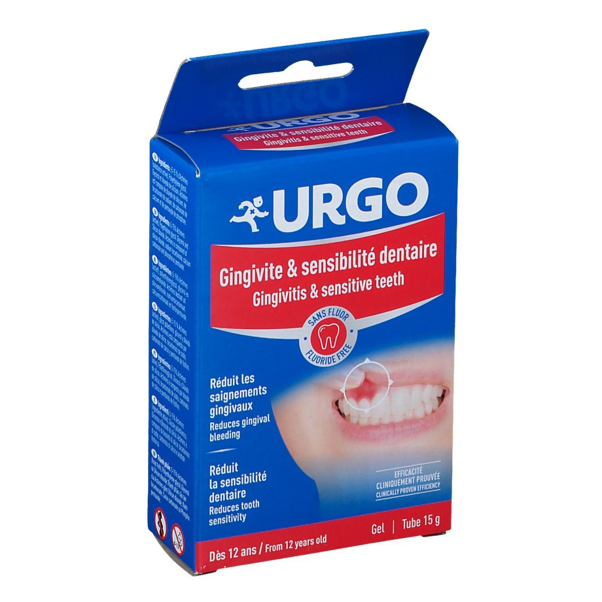Blauwe en witte doos met URGO-logo en productnaam. Bevat een afbeelding van tanden en tekst over gingivitis en tandgevoeligheid.