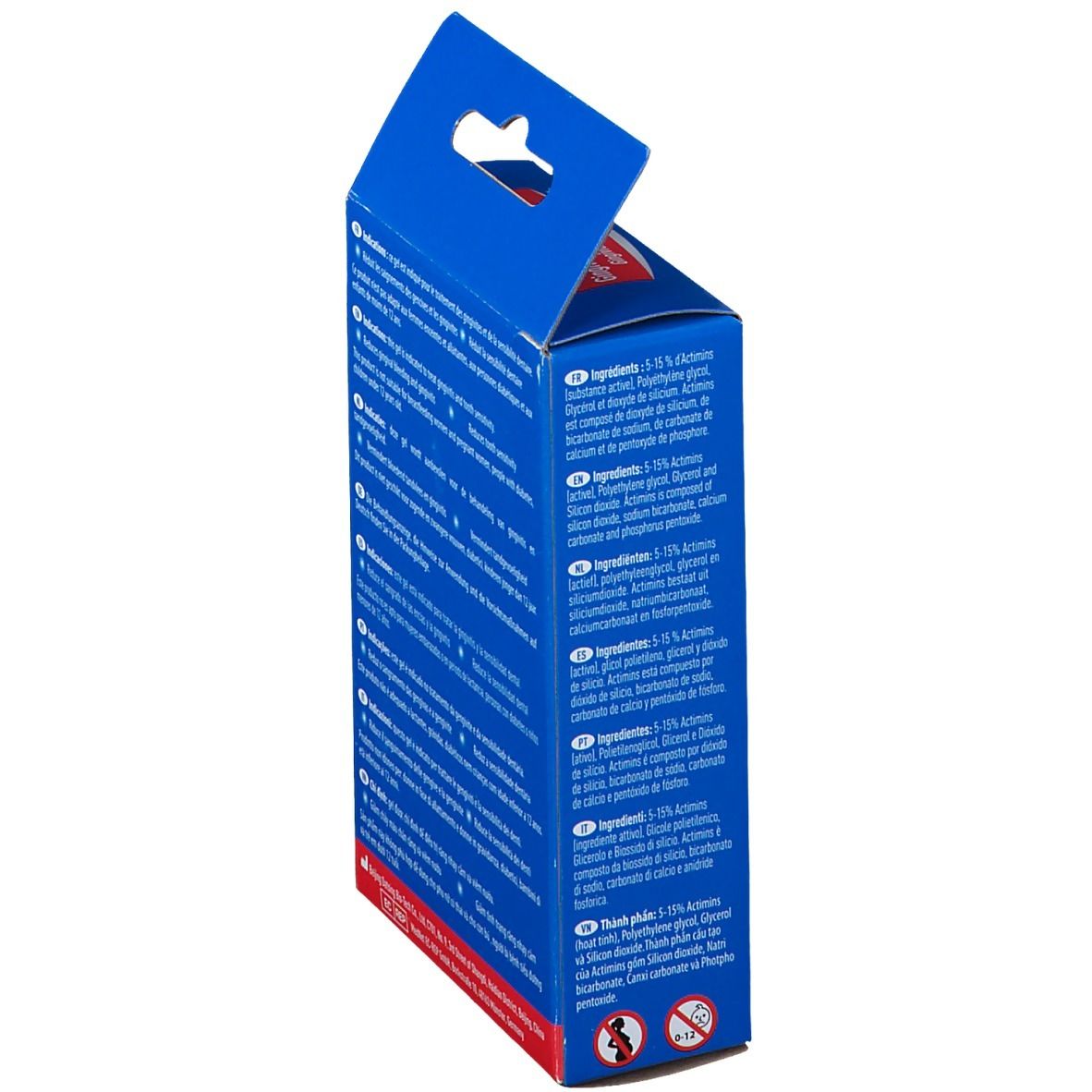Binnenkant van de blauwe doos met tekst in meerdere talen. Bevat informatie over de ingrediënten.
