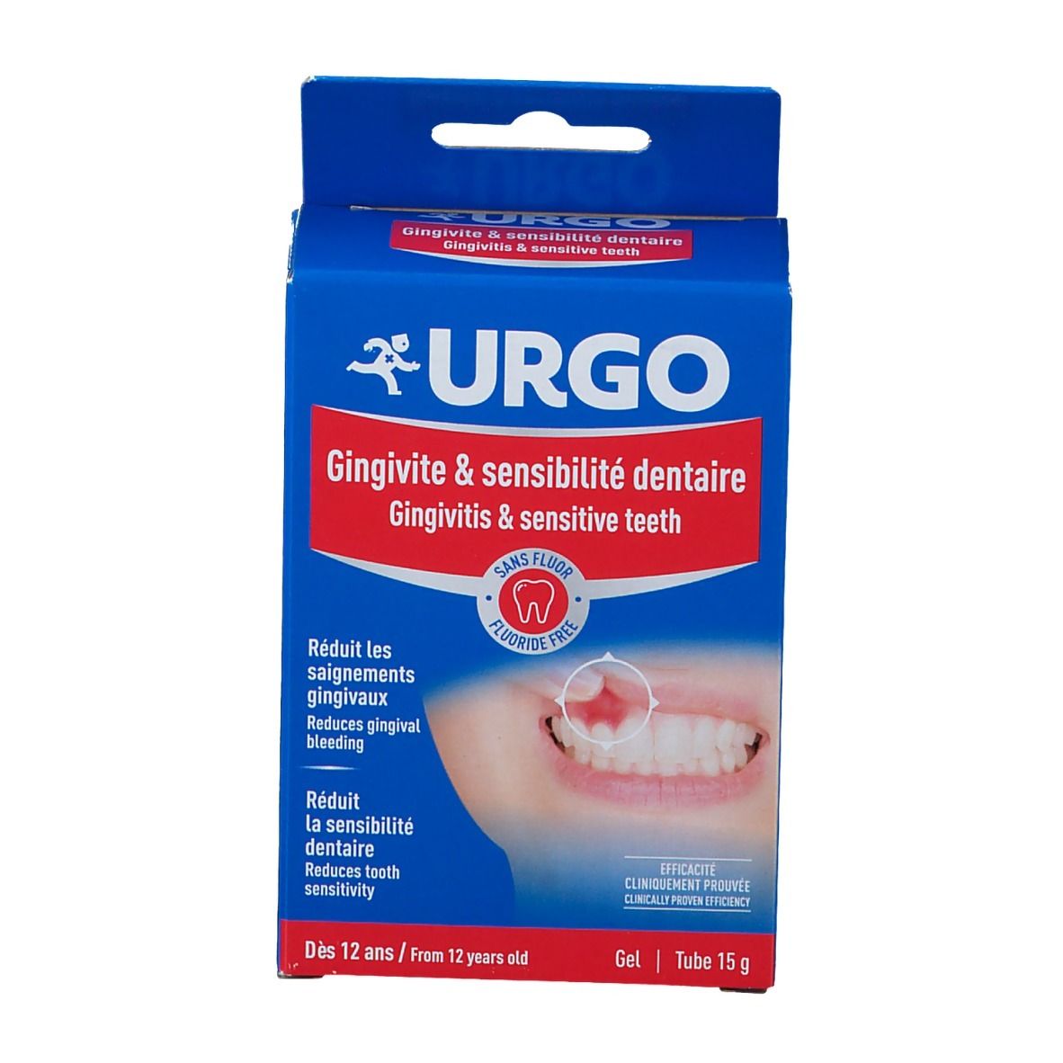 Blauwe doos met URGO-logo en productnaam. Bevat een afbeelding van tanden en tekst over gingivitis en tandgevoeligheid.