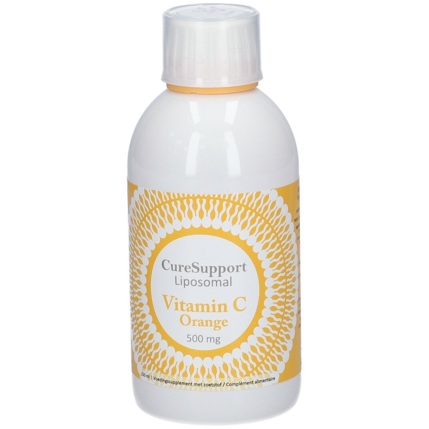 Witte fles met geel etiket. Opschrift: CureSupport Liposomal Vitamin C Orange 500 mg.