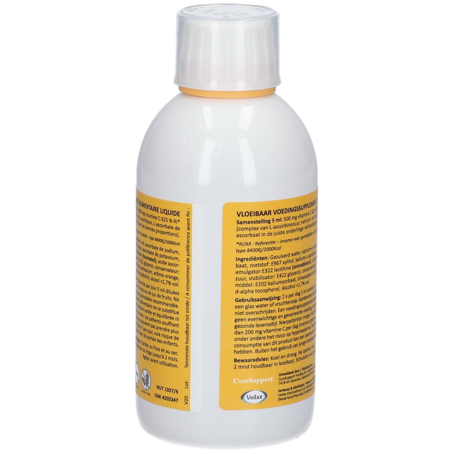 Achterkant van de witte fles. Geel etiket met tekst. Bevat informatie over het product.