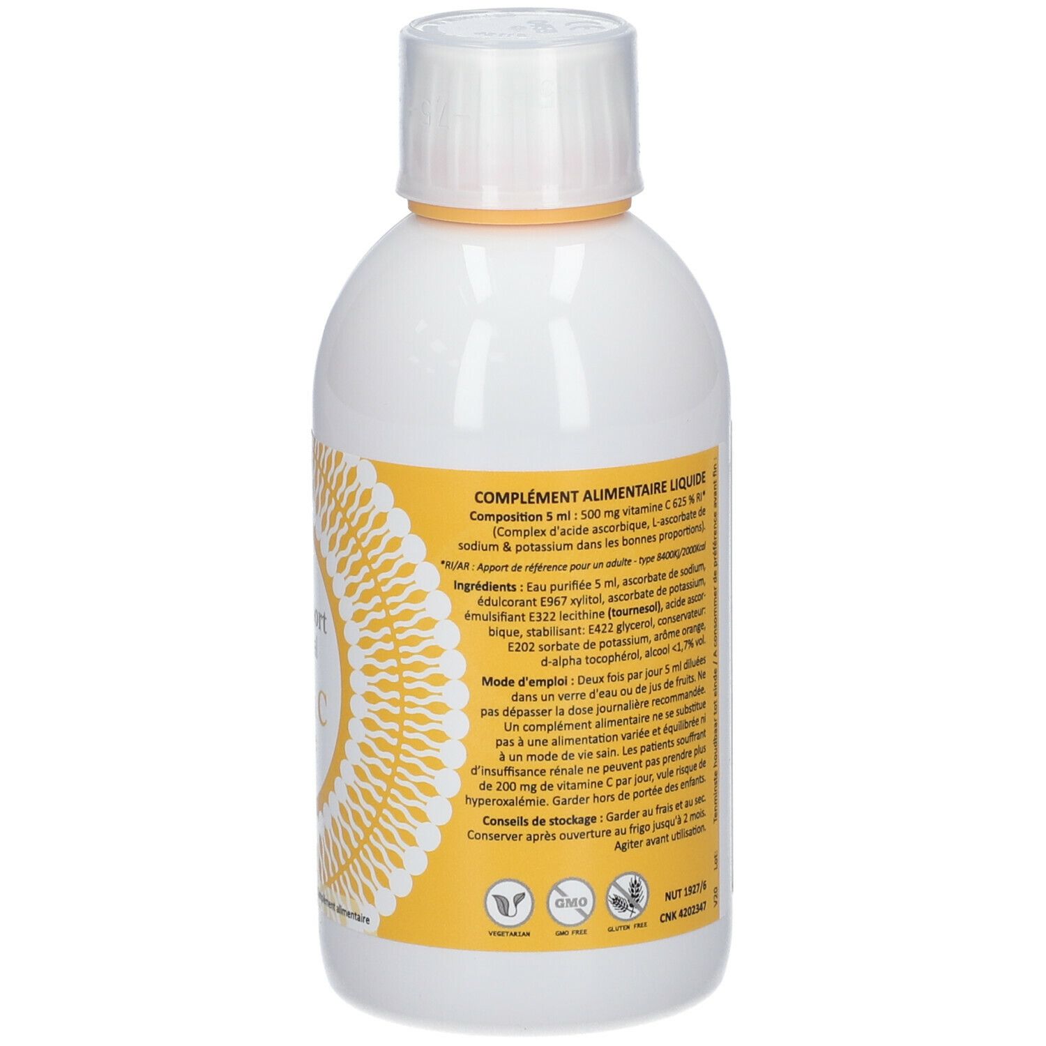 Achterkant van de witte fles. Geel etiket met tekst. Bevat informatie over het product.