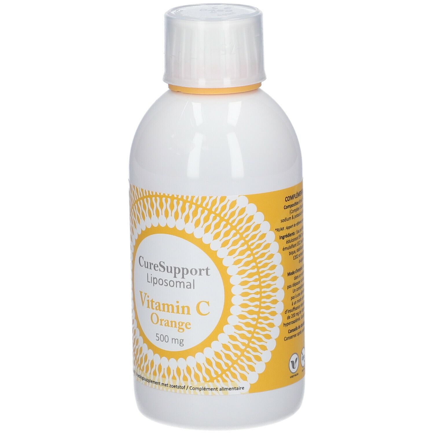 Witte fles met geel etiket. Opschrift: CureSupport Liposomal Vitamin C Orange 500 mg.