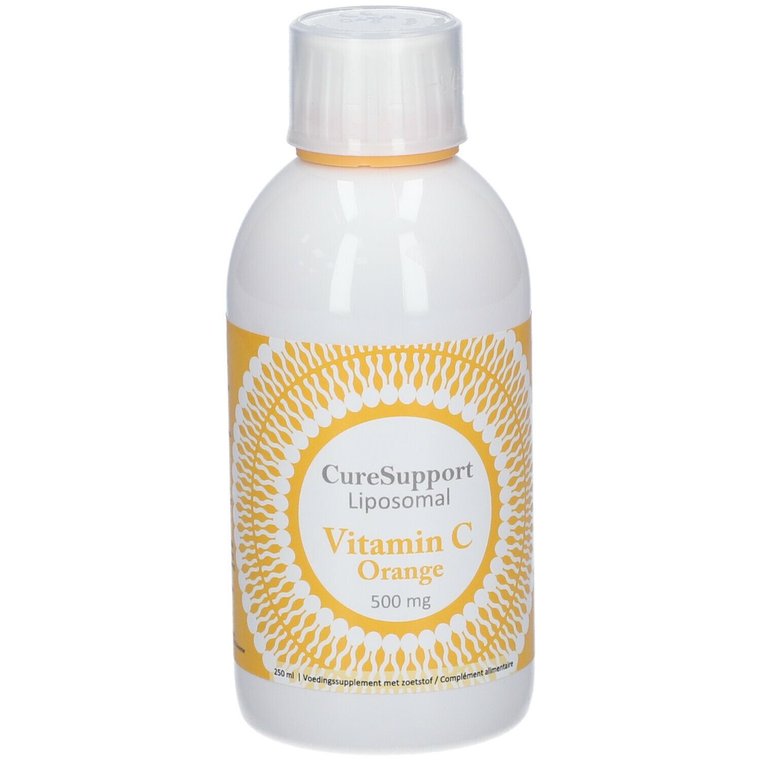 Witte fles met geel etiket. Opschrift: CureSupport Liposomal Vitamin C Orange 500 mg.