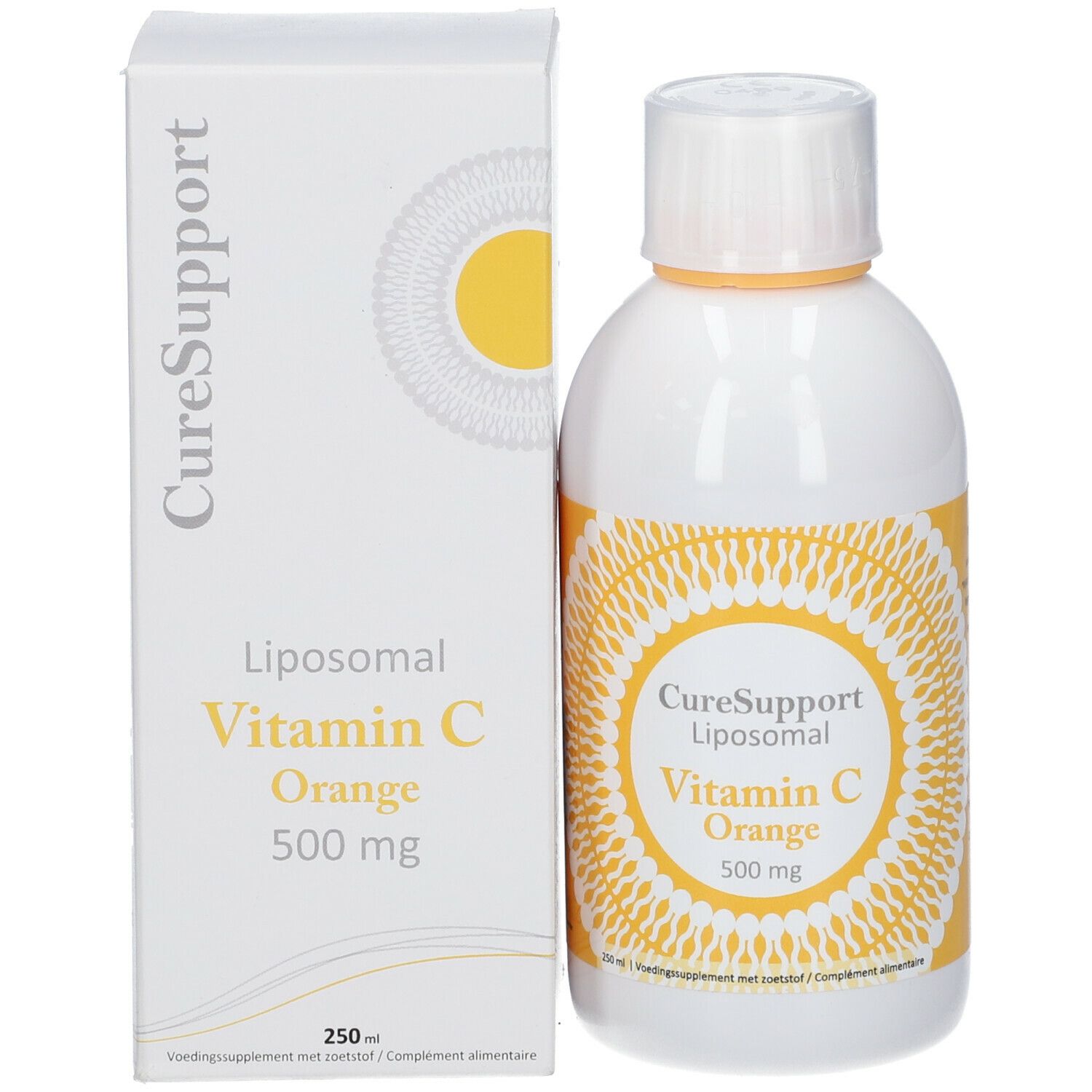Witte fles en doos. Opschrift: CureSupport Liposomal Vitamin C Orange 500 mg.